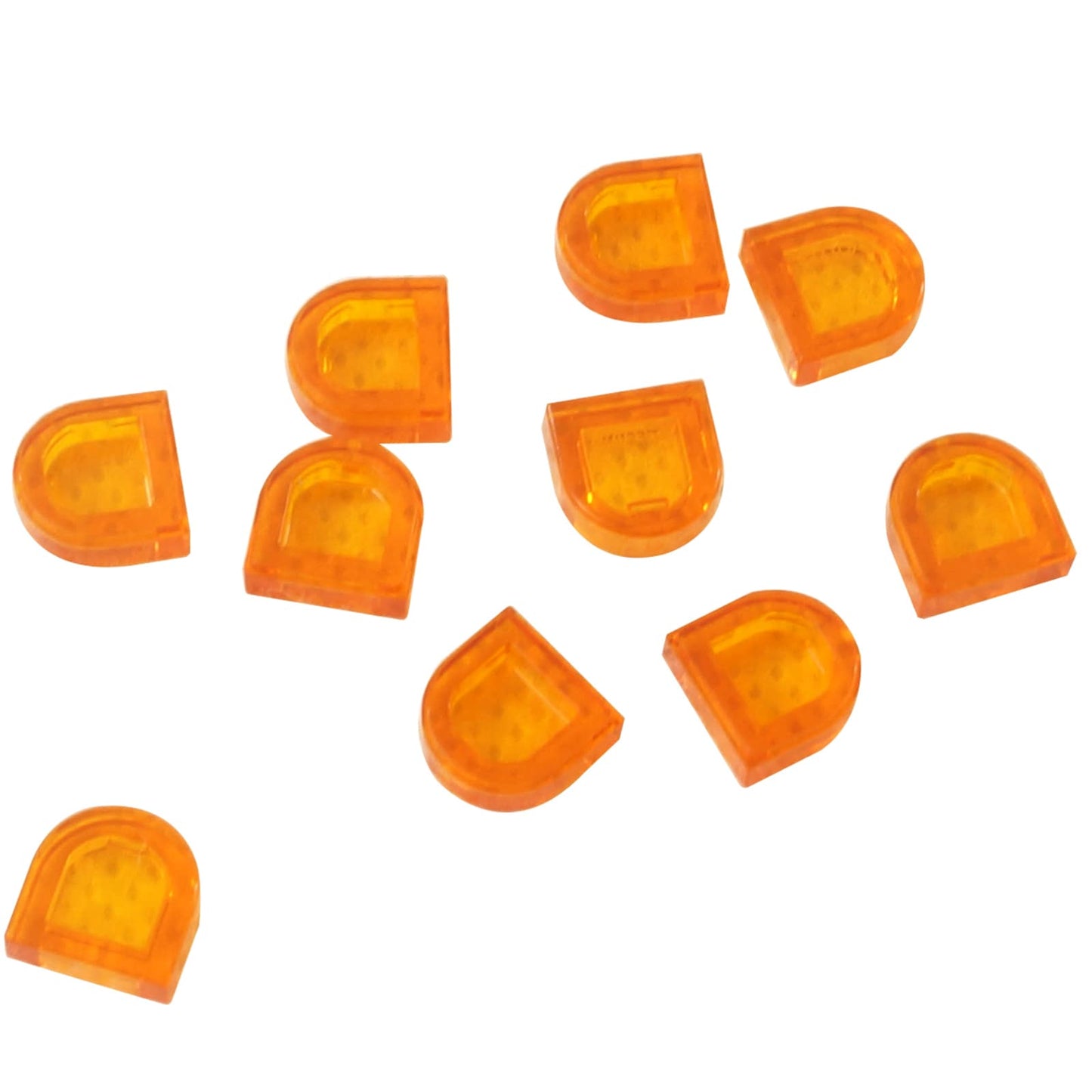 LEGO® Tile Round 1 x 1 Half Circle Extended (24246) in transparent orange, featuring a smooth curved front and flat back edge.
