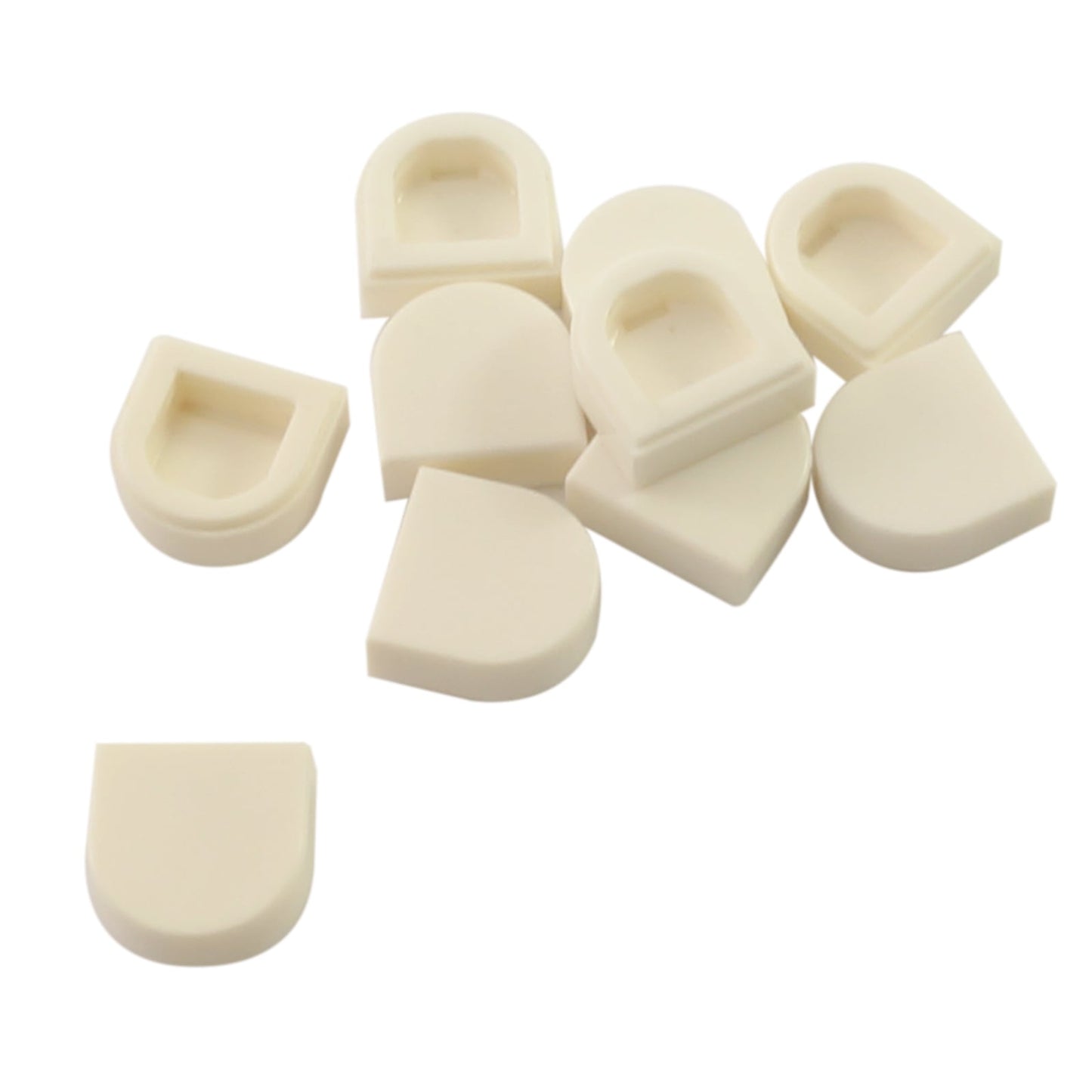 LEGO® Tile Round 1 x 1 Half Circle Extended (24246) in white, featuring a smooth curved front and flat back edge.
