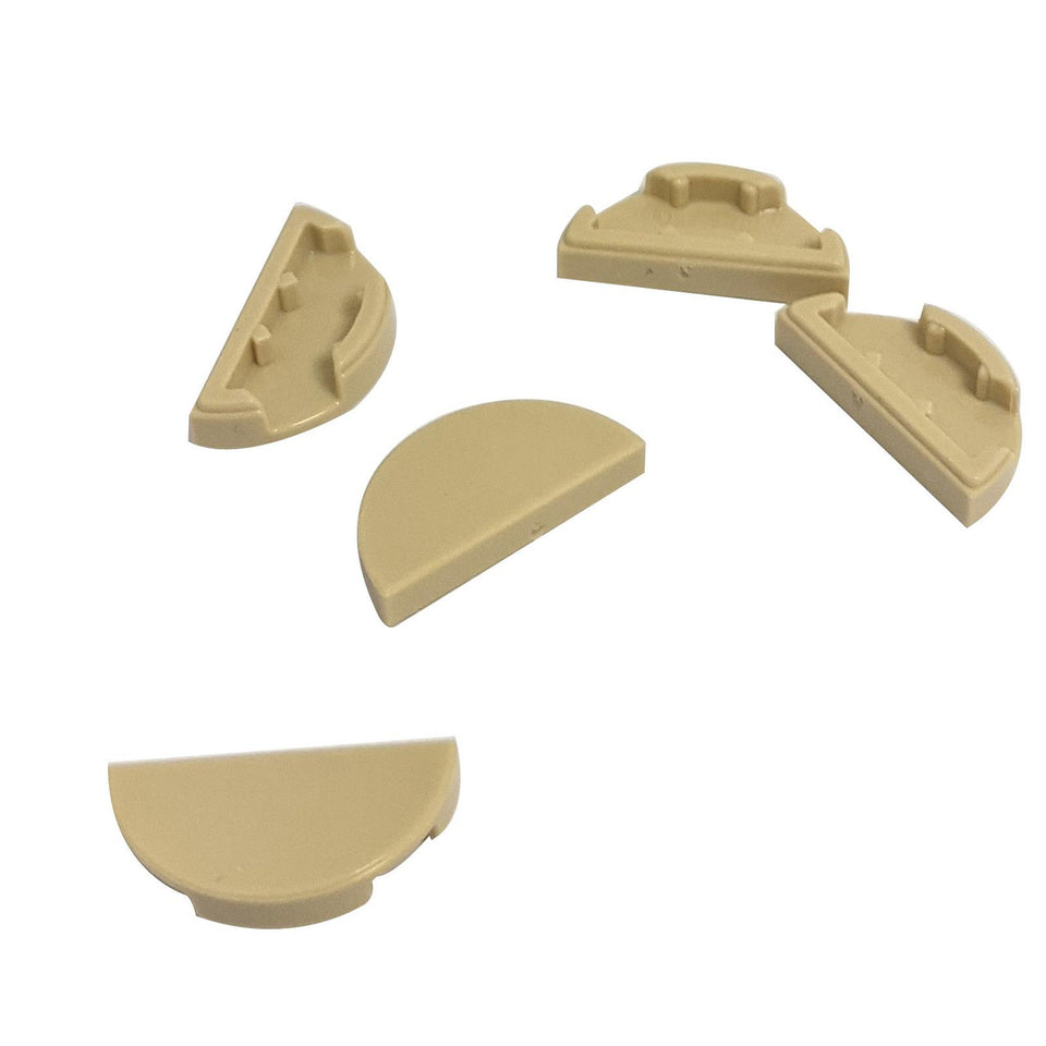 LEGO® Tile Round 1 x 2 Half piece shown in close-up, featuring its smooth curved top and half-moon shape in tan.