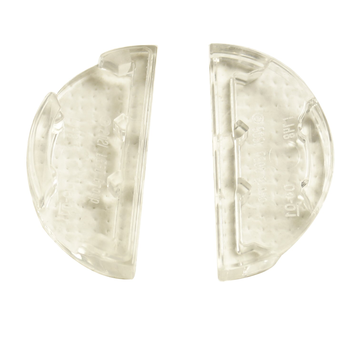 LEGO® Tile Round 1 x 2 Half piece shown in close-up, featuring its smooth curved top and half-moon shape in transparent clear.
