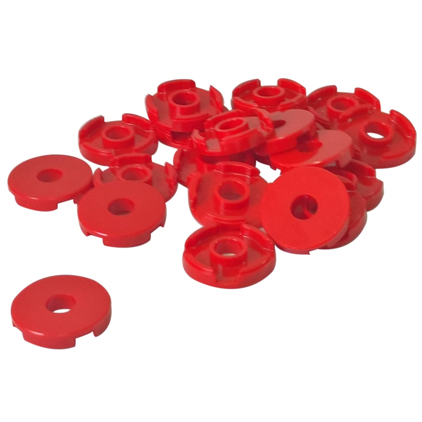 LEGO® round tile 2 x 2 with center hole, smooth finished surface for axles, bars, or decorative detailing, red color
