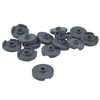 LEGO® Tile Round 2 x 2 with open stud (18674) in dark bluish gray, featuring a smooth circular top with a central hollow stud.
