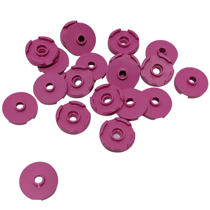 LEGO® Tile Round 2 x 2 with open stud (18674) in dark pink, featuring a smooth circular top with a central hollow stud.
