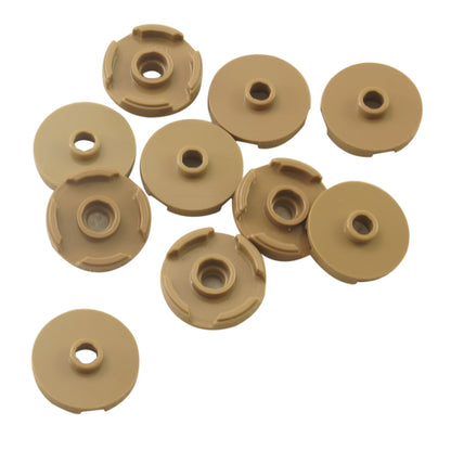 LEGO® Tile Round 2 x 2 with open stud (18674) in dark tan, featuring a smooth circular top with a central hollow stud.
