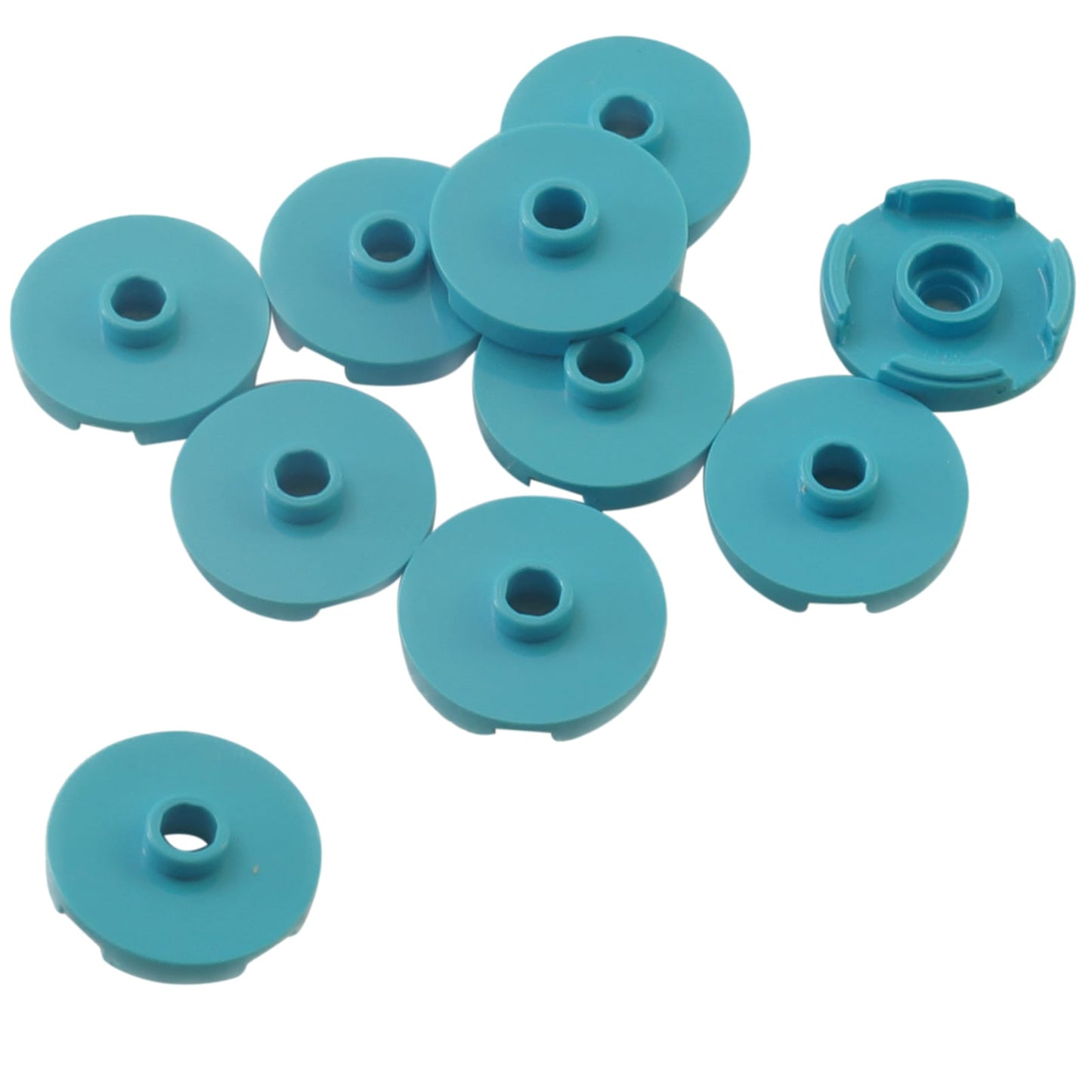 LEGO® Tile Round 2 x 2 with open stud (18674) in medium azure, featuring a smooth circular top with a central hollow stud.
