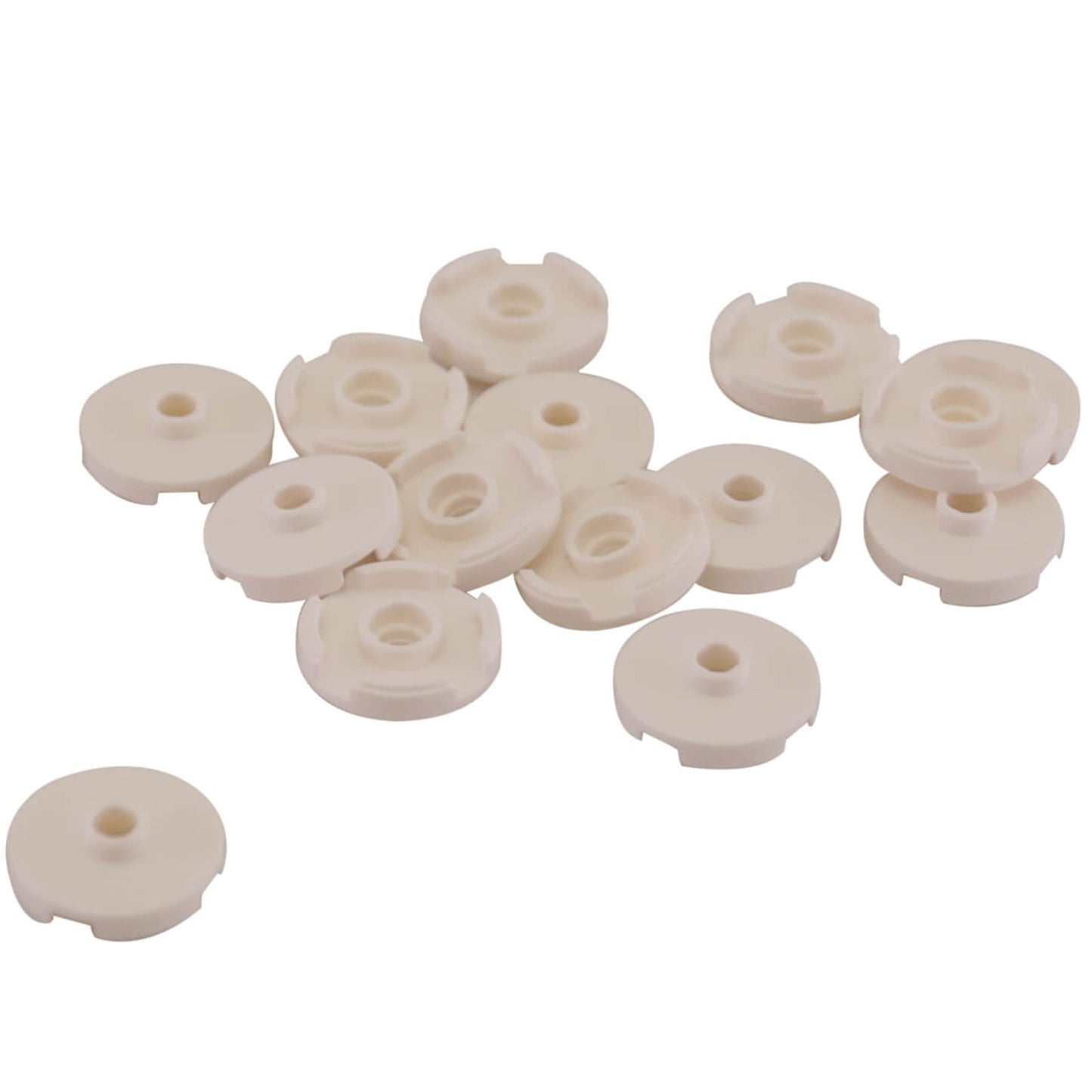 LEGO® Tile Round 2 x 2 with open stud (18674) in white, featuring a smooth circular top with a central hollow stud.
