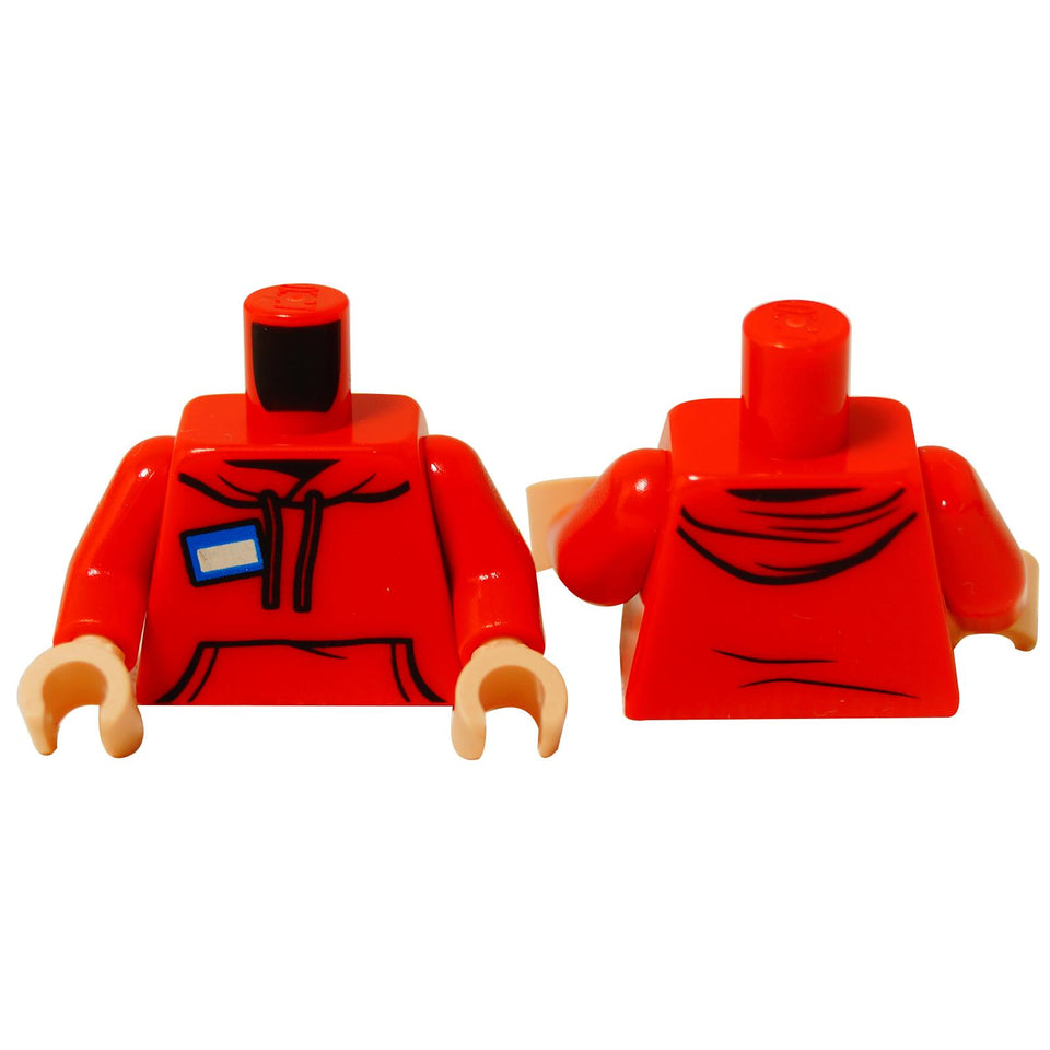 LEGO® minifigure torso in red with a printed hoodie and blank name tag, shown from front and back angles.