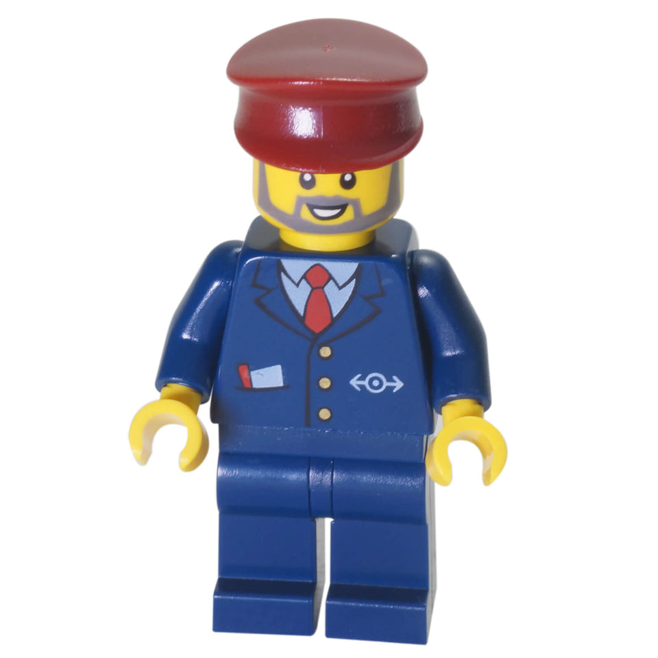 LEGO® Train Conductor trn248 with Dark Blue Jacket Dark Red Hat Glasses and Beard
