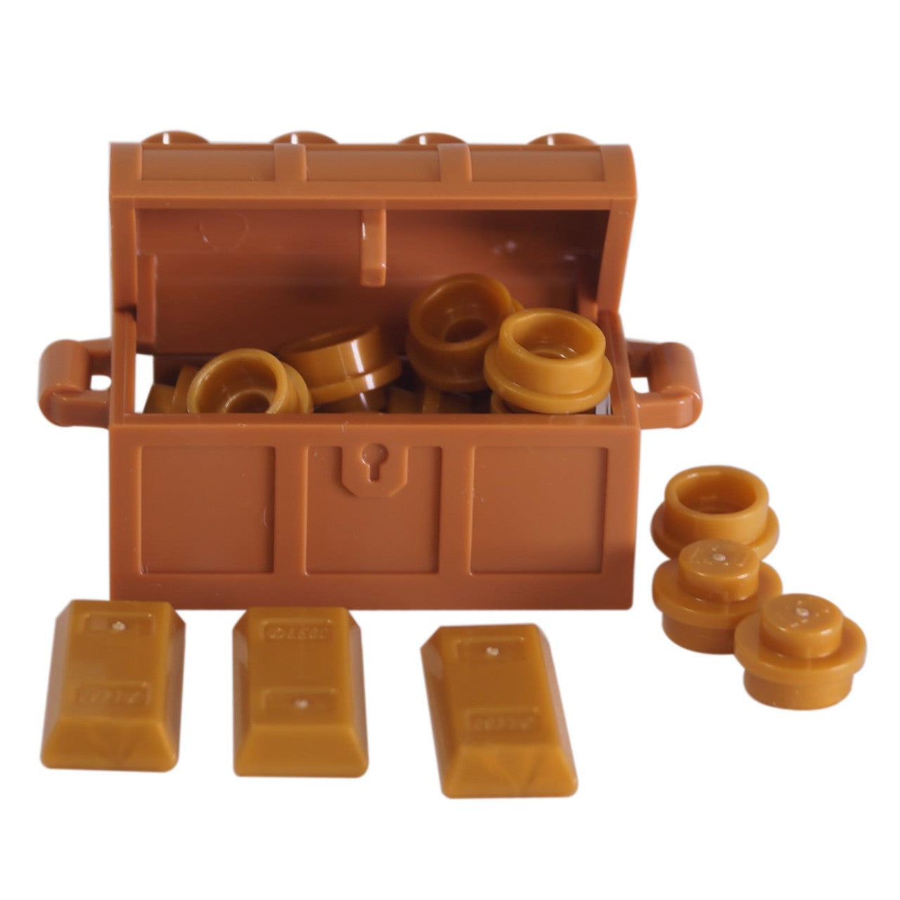 LEGO パーツ 宝箱 10 個の玩具の金のコインと 3 本の玩具の金のインゴット - 最初のビュー。