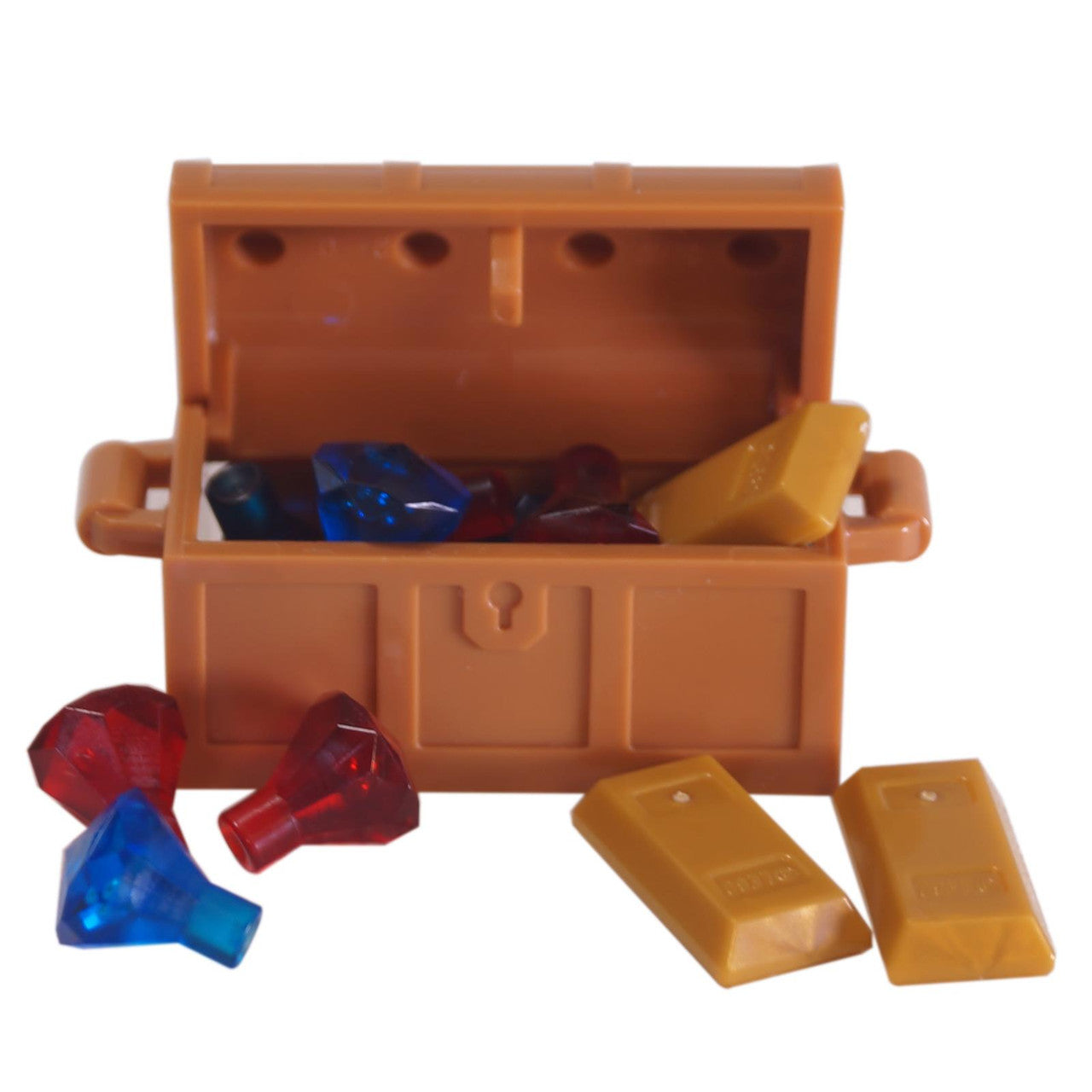 LEGO treasure chest with jewel pieces and pearl gold bars inside