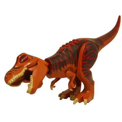 LEGO® Tyrannosaurus rex dinosaur figure with dark red striped back, open mouth and articulated legs, front left view
