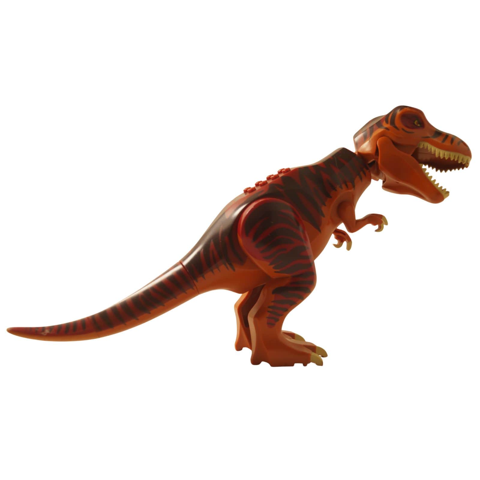 LEGO® Tyrannosaurus rex dinosaur figure with dark red striped back, detailed head and claws, front right angle view
