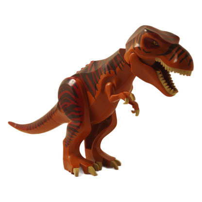LEGO® Tyrannosaurus rex dinosaur figure with dark red striped back and long tail, articulated limbs, side profile view
