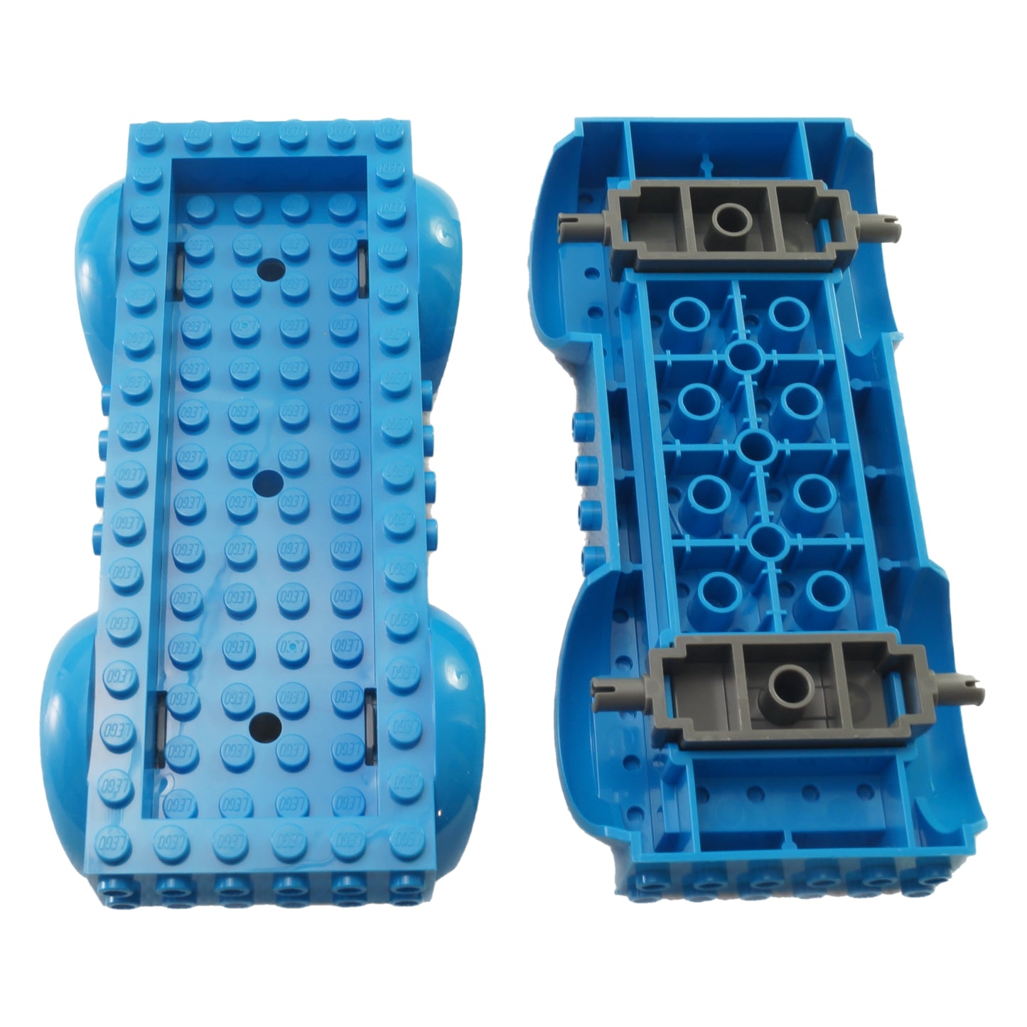 Top and bottom views of a blue LEGO Vehicle Base 18923c01.