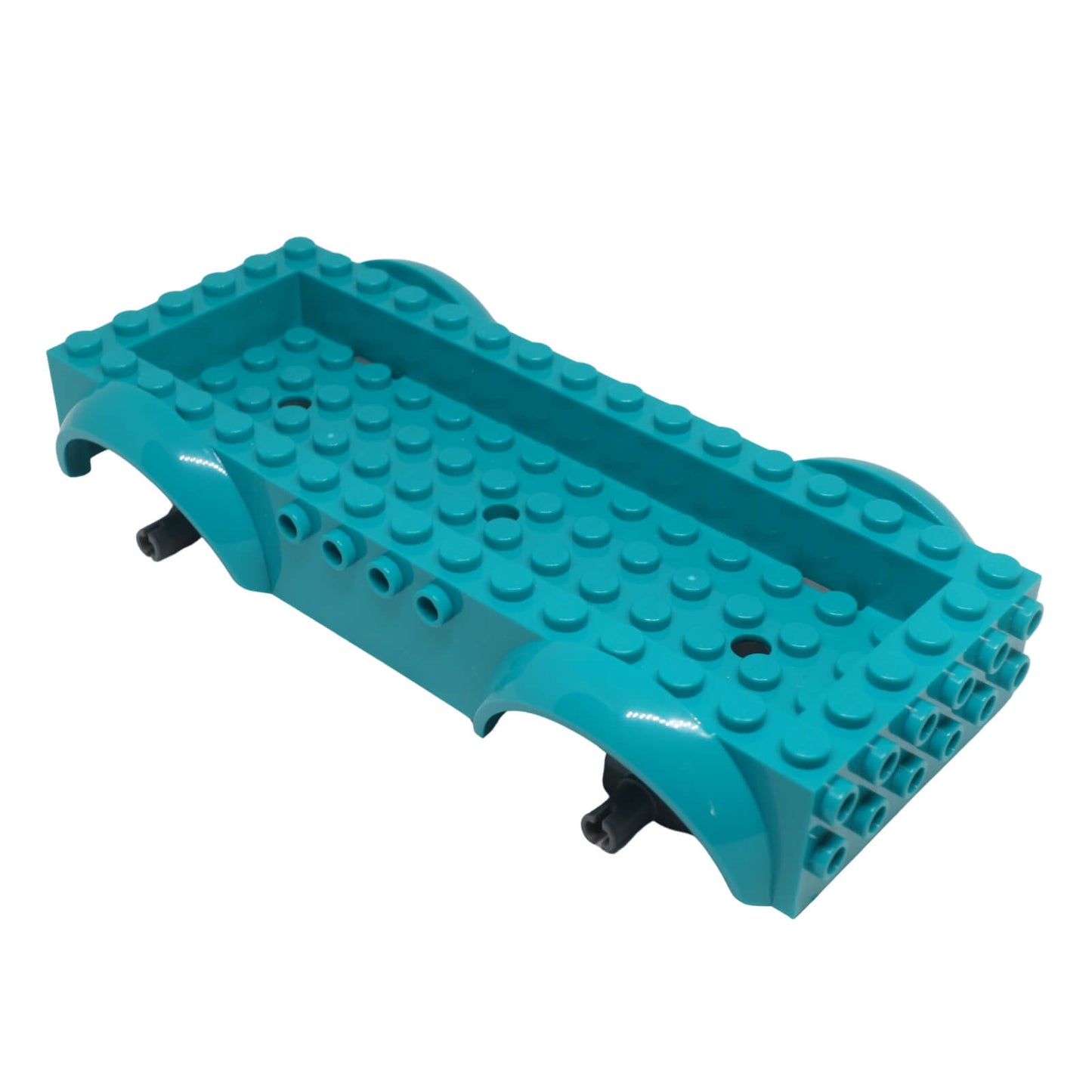 Teal LEGO Vehicle Base 18923c01 with wheel arches, angled view.