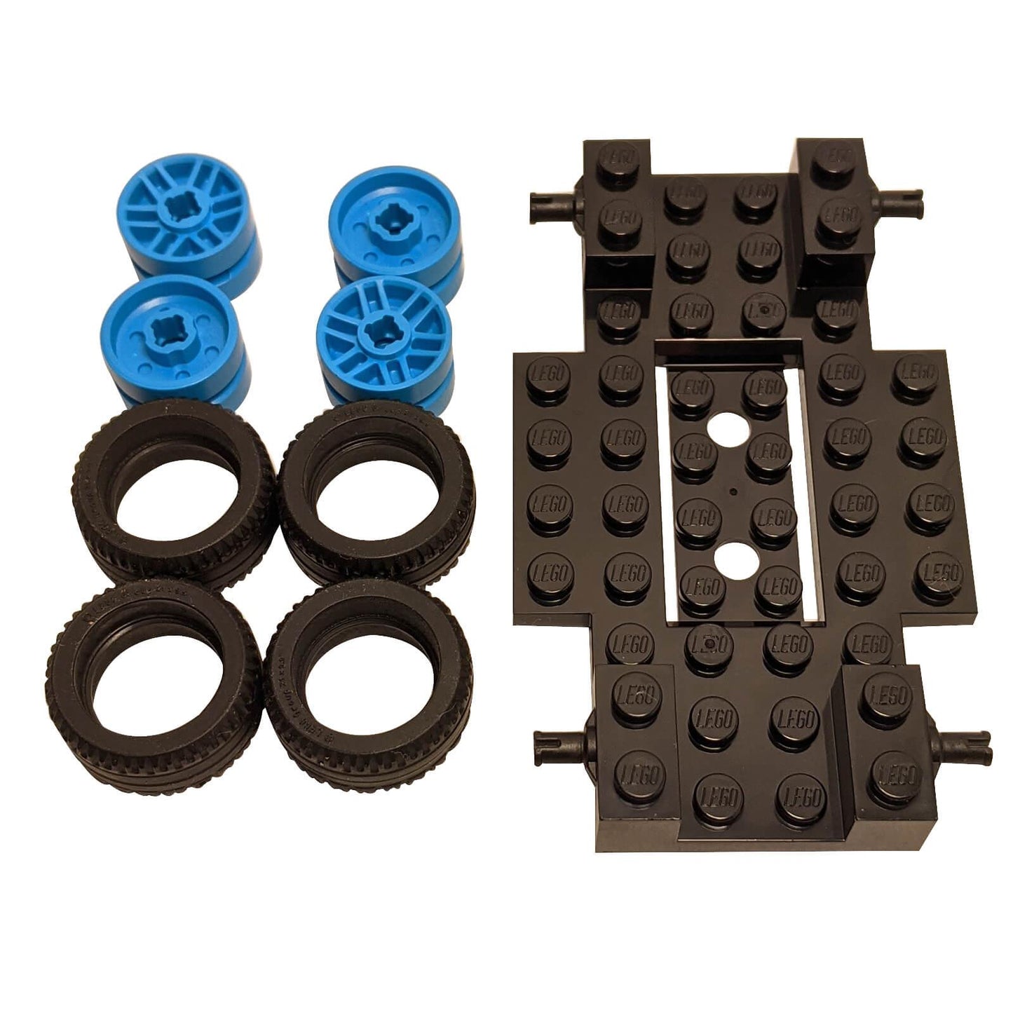 LEGO® black vehicle base 65202 with 4 dark azure spoked wheels 11208 and 4 black tires 11209, genuine LEGO parts