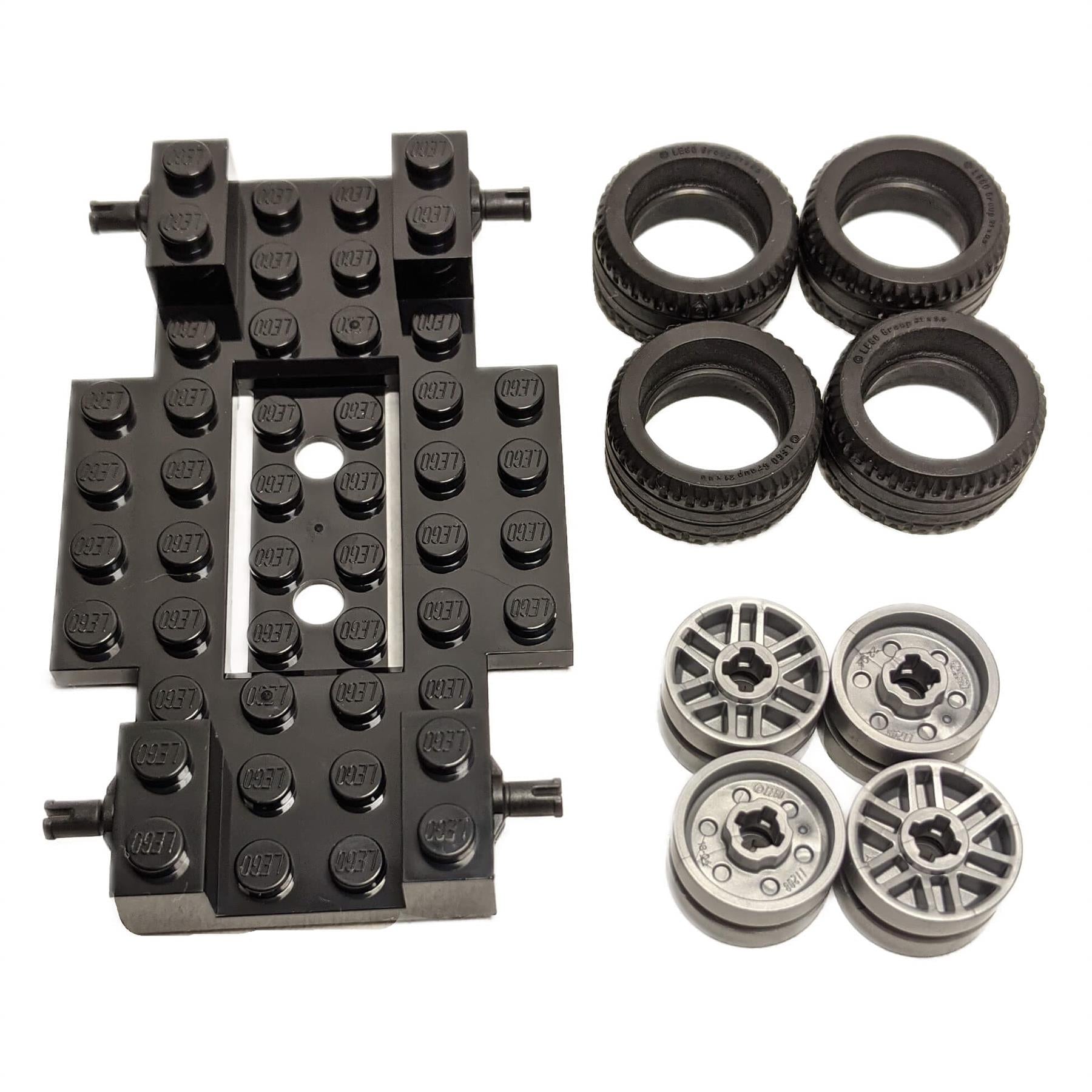 LEGO® black vehicle base 65202 with 4 flat silver spoked wheels 11208 and 4 black tires 11209, two-tone chassis bundle