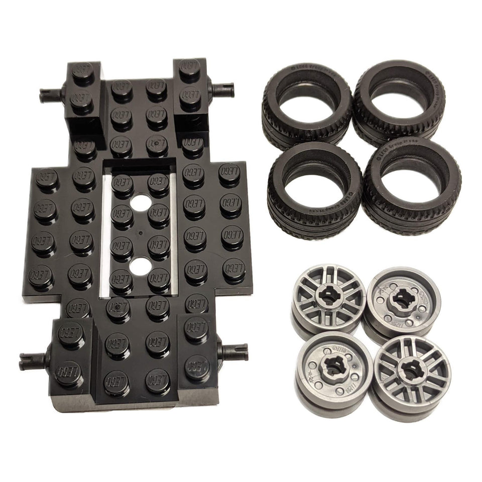 LEGO® black vehicle base 65202 with 4 flat silver spoked wheels 11208 and 4 black tires 11209, two-tone chassis bundle