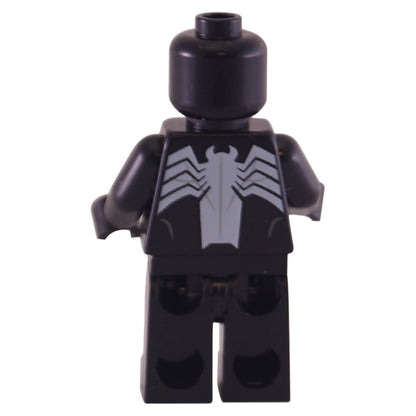 LEGO® Venom minifigure (sh0542) back view, featuring black torso with large white spider emblem across the back from the Marvel Super Heroes theme.
