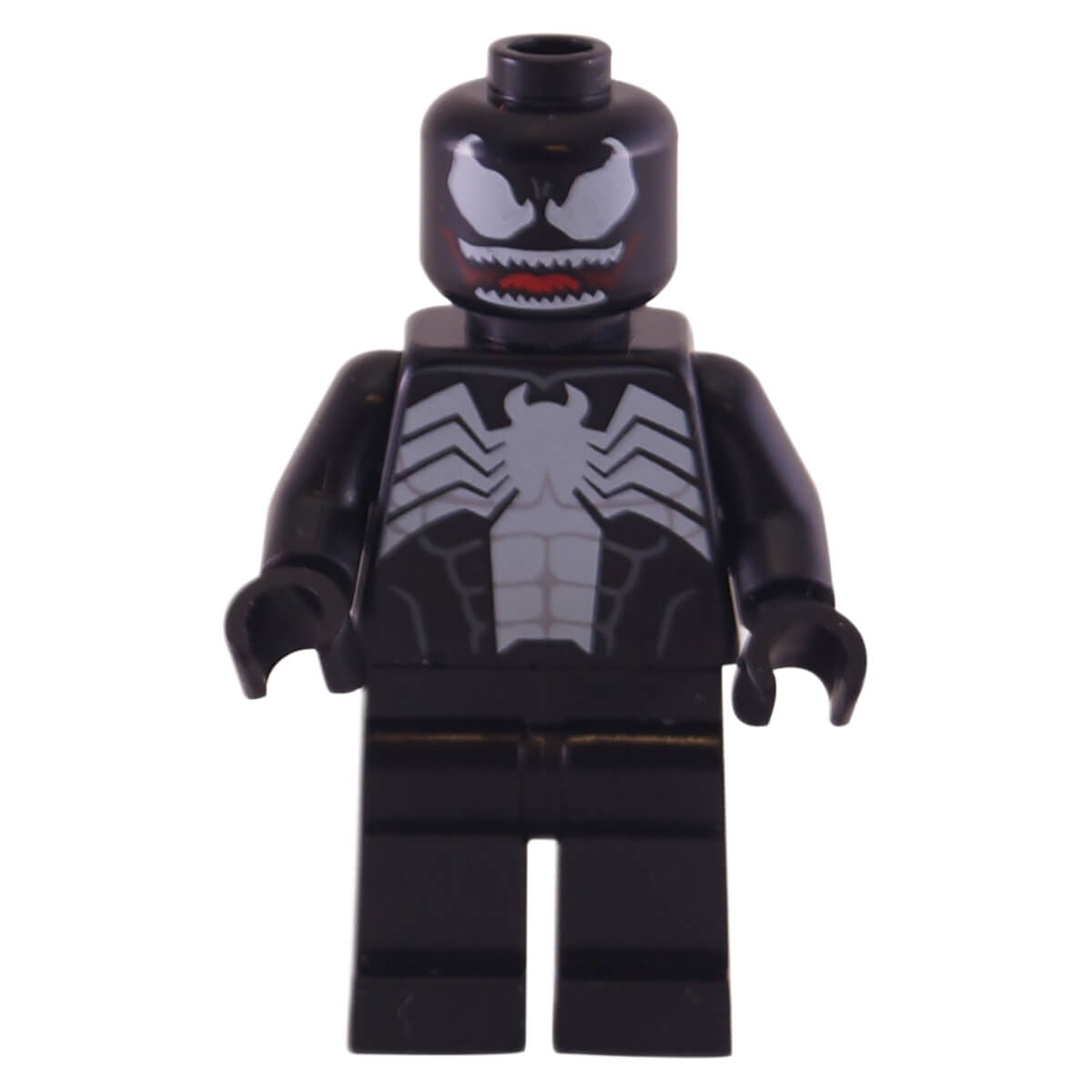 LEGO® Minifigurka Venoma (sh0542) – widok z przodu, przedstawia czarne ciało z emblematem białego pająka na piersi, muskularny nadruk i groźny uśmiech w kształcie zębów z motywu Marvel Super Heroes.