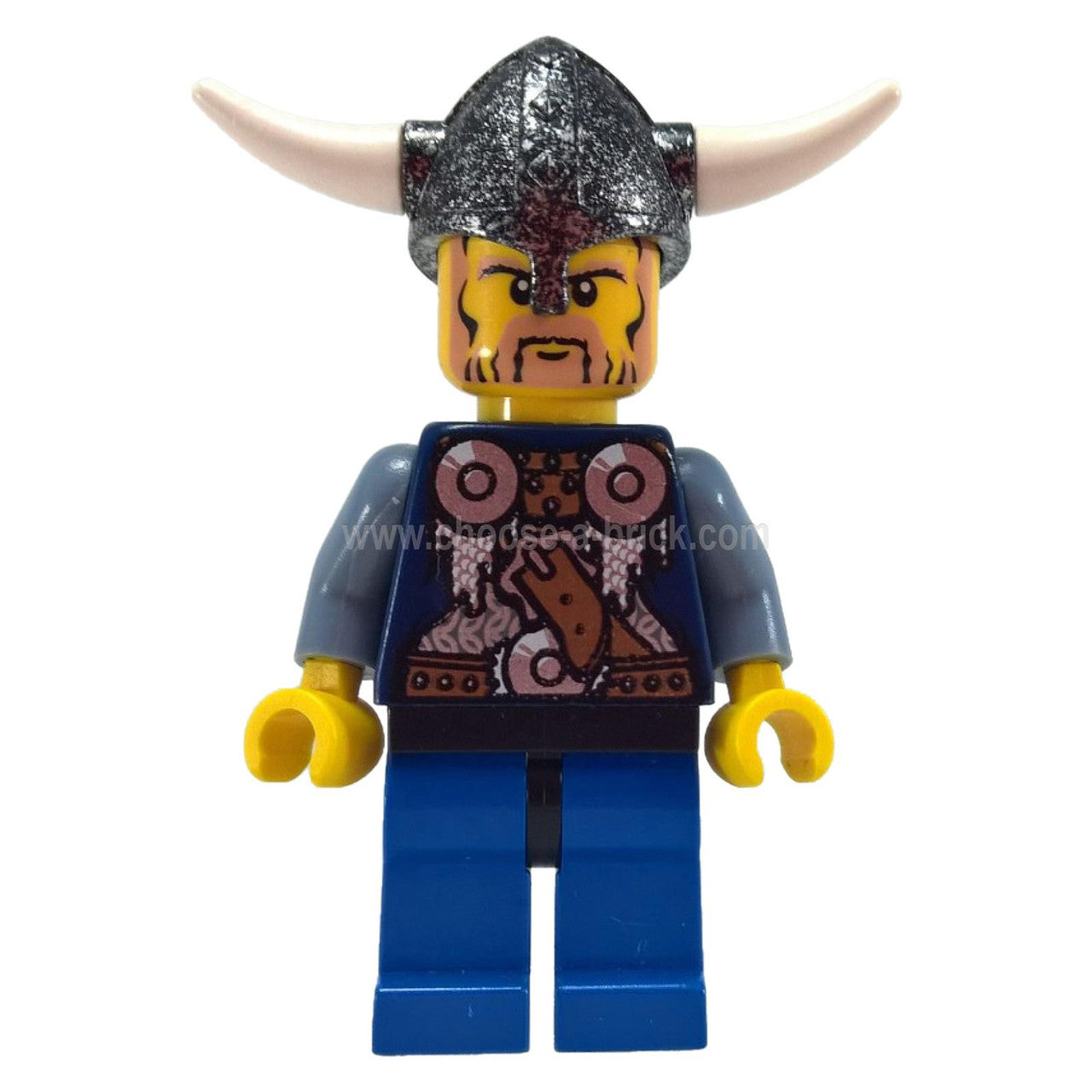 LEGO® Viking Krijger Minifiguur (vik013) met een gevleugeld helm, bedrukte harnas, een volle baard en kenmerkende zandblauwe armen.