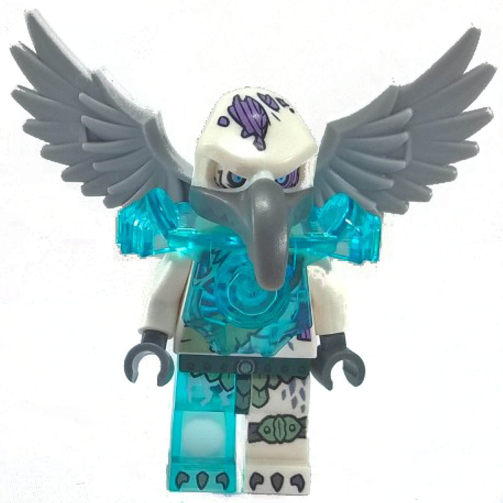 LEGO® Legends of Chima Minifigure: Voom Voom (loc074) with trans-light blue shoulder armor and gray wings from set 70146 Flying Phoenix Fire Temple.