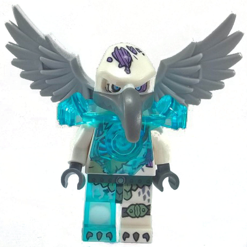 LEGO® Legends of Chima Minifigure: Voom Voom (loc074) dengan pelindung bahu biru terang dan sayap kelabu dari set 70146 Flying Phoenix Fire Temple.
