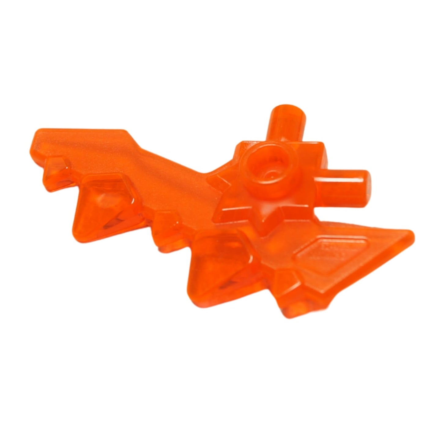 LEGO® minifigure weapon blade with bars and five spikes (23861) in transparent neon orange, featuring a spiked curved design.

