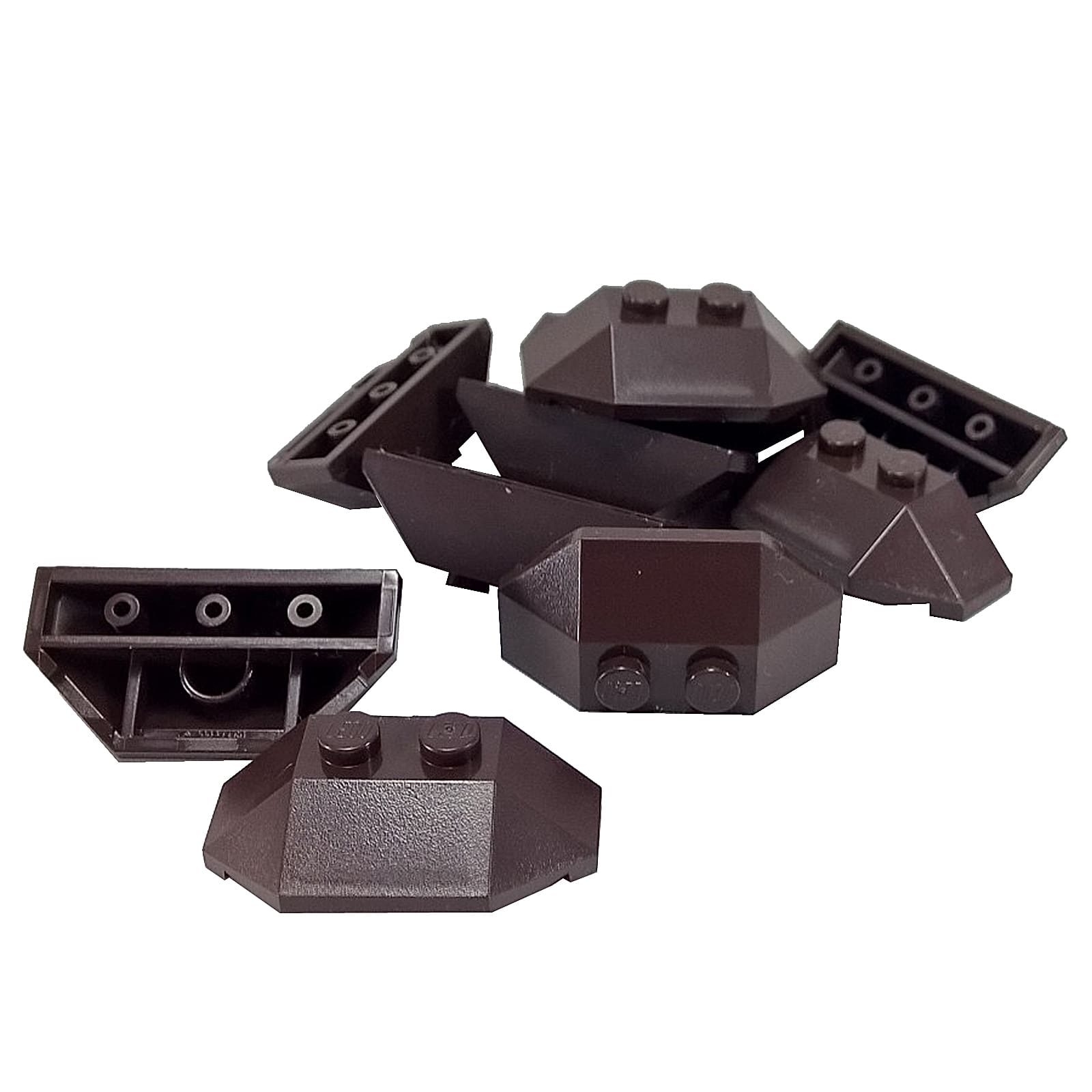 LEGO® wedge plate 2 x 4 triple angled element, compact sloped shape for vehicle and structural detailing, dark brown color
