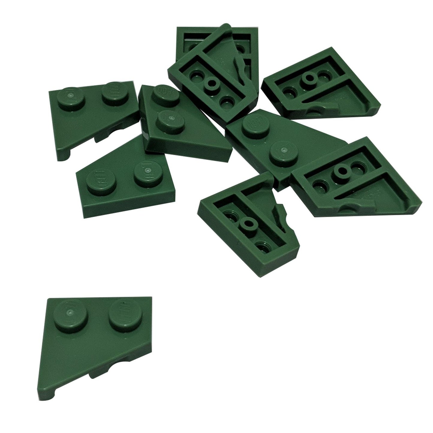 LEGO peça 24307 Wedge Plate 2x2 Right mostrando design de asa angulada em verde escuro.