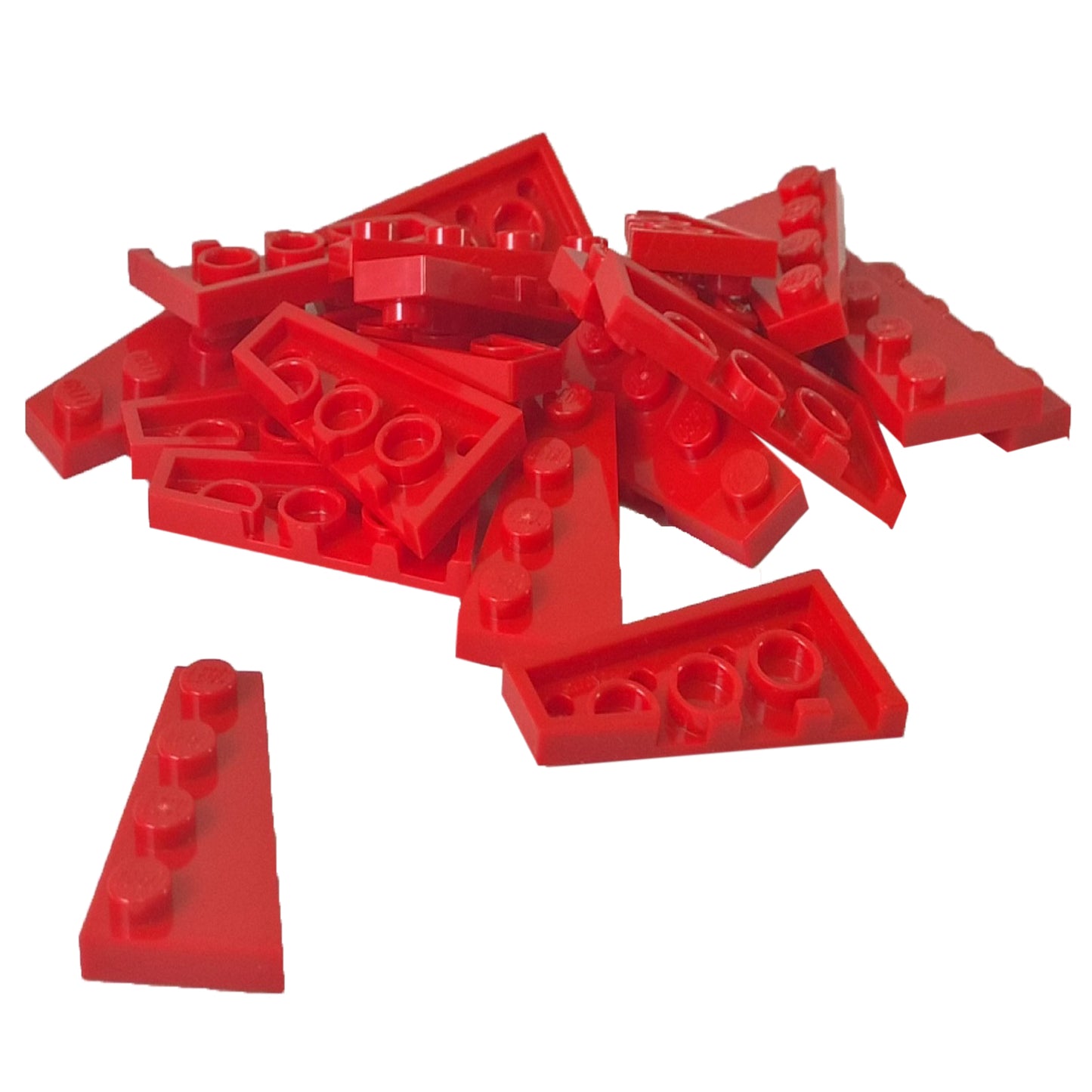 LEGO® Wedge Plate 4 x 2 Right (41769) in red, an angled plate ideal for streamlined vehicles, wings, and detailed asymmetrical designs.
