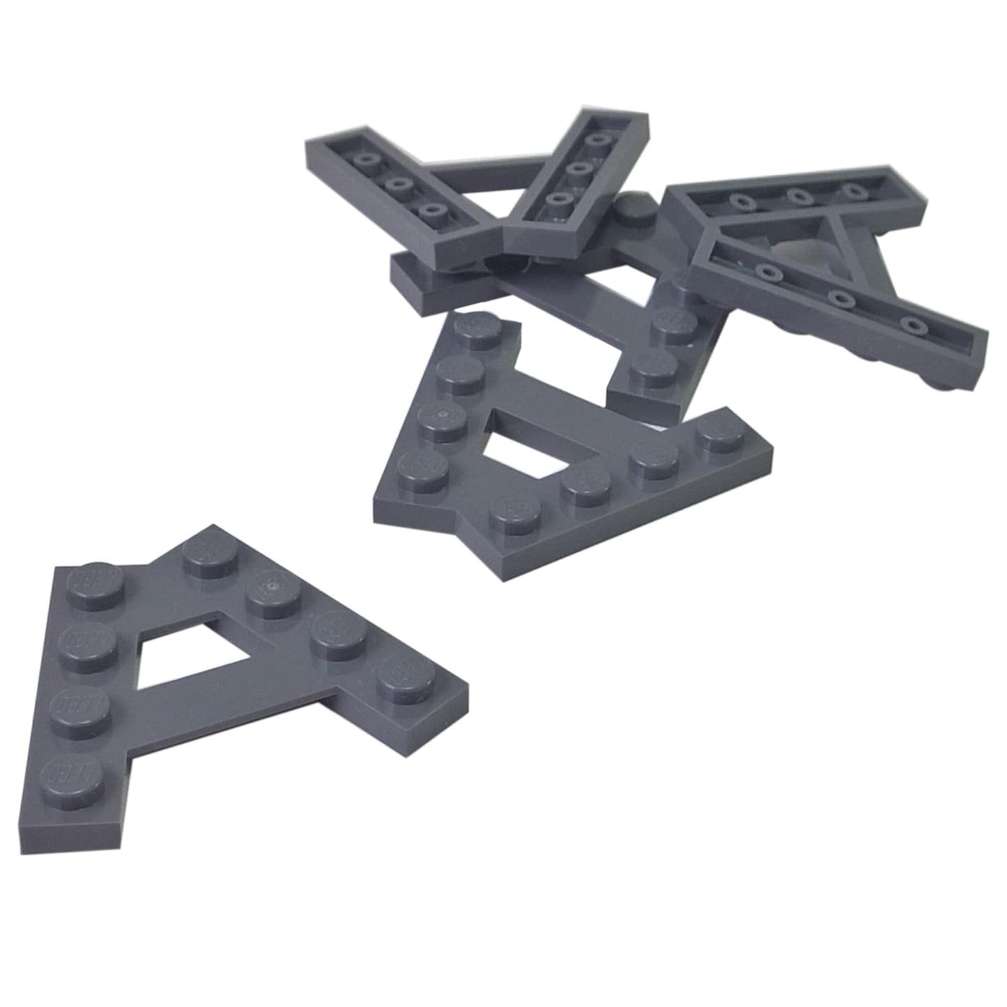 LEGO® Wedge Plate A-shape with 2 rows of 4 studs (15706) in dark bluish gray, featuring an angled triangular form.
