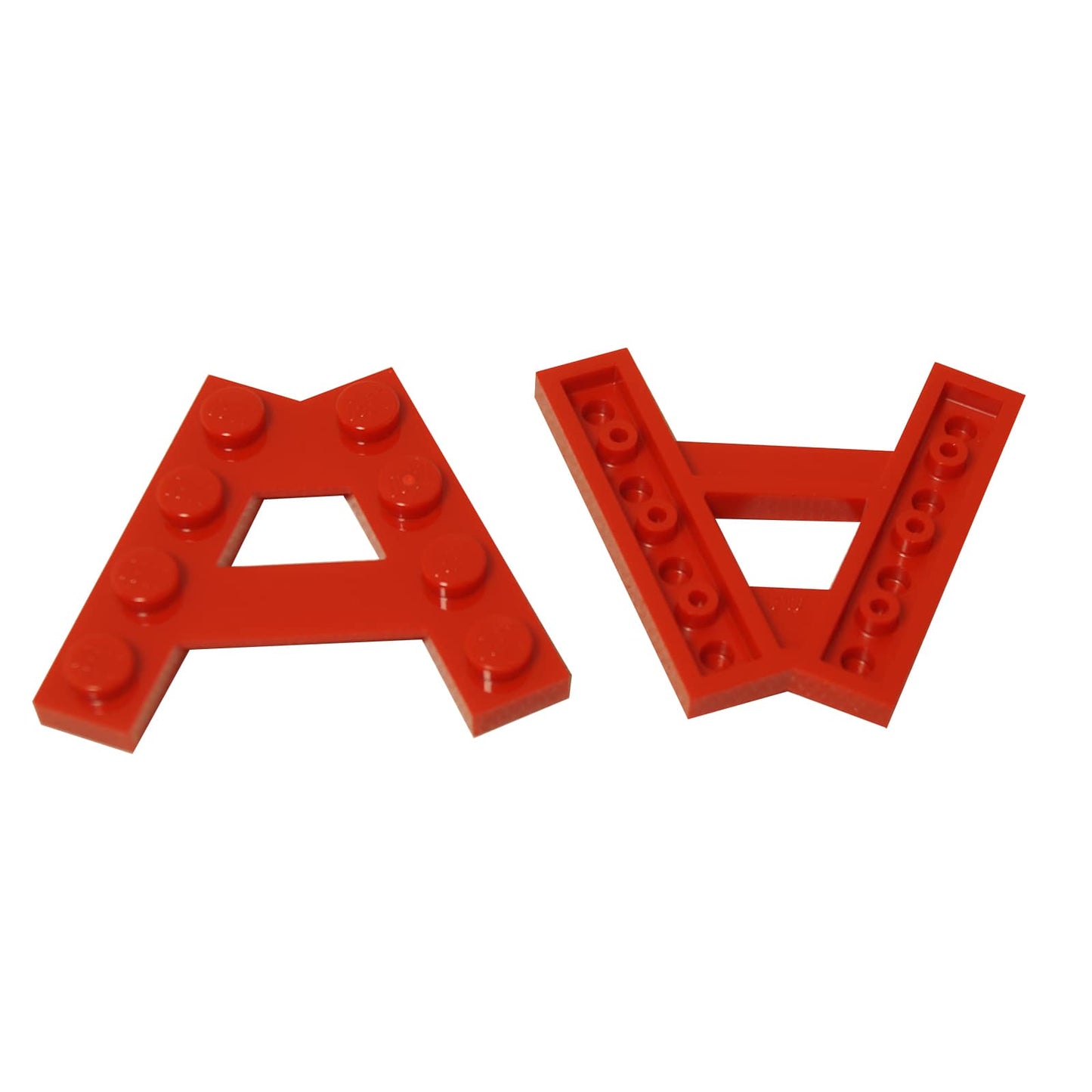 LEGO® Wedge Plate A-shape with 2 rows of 4 studs (15706) in red, featuring an angled triangular form.
