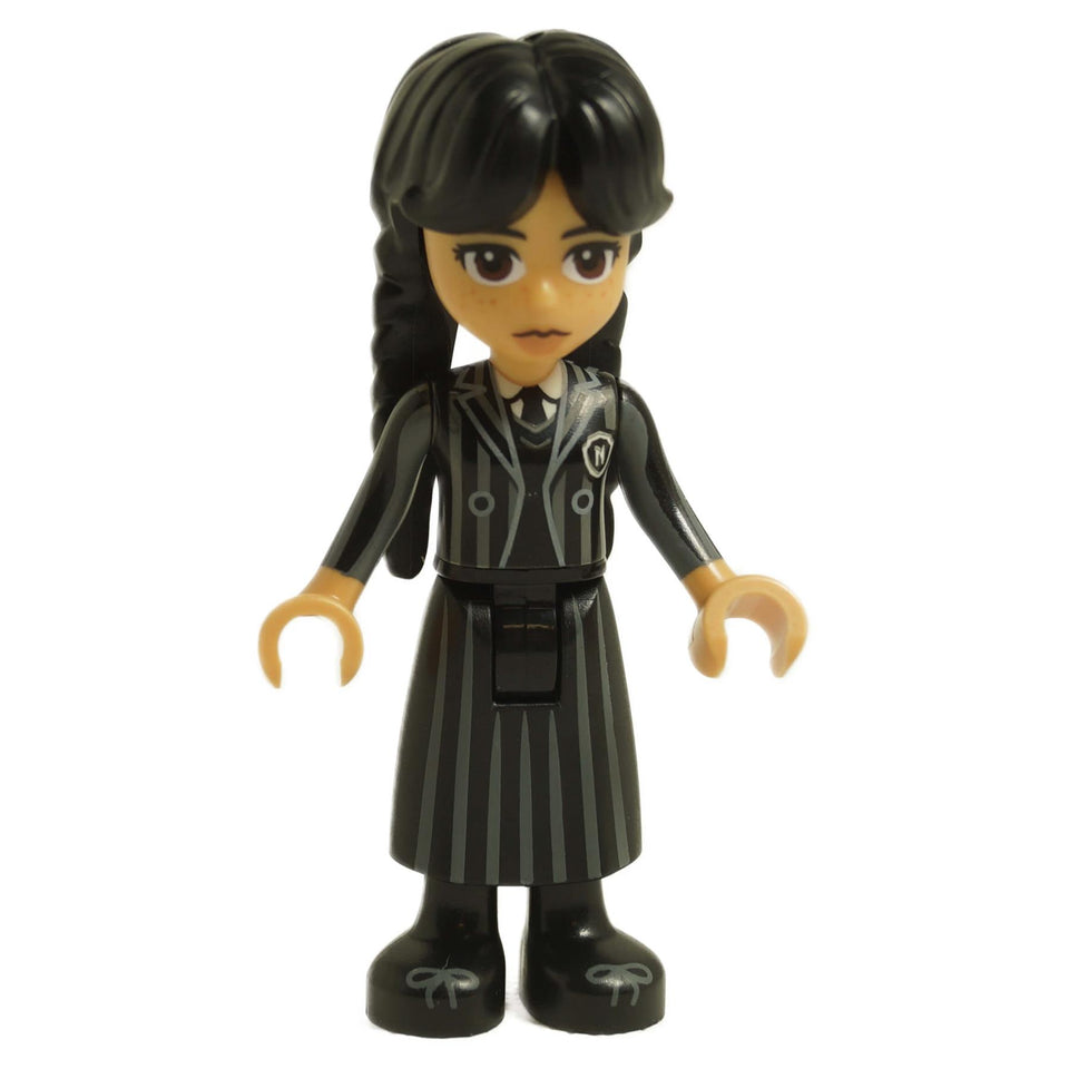 LEGO Wednesday Addams mini doll wearing black striped Nevermore school uniform with pigtails wed001