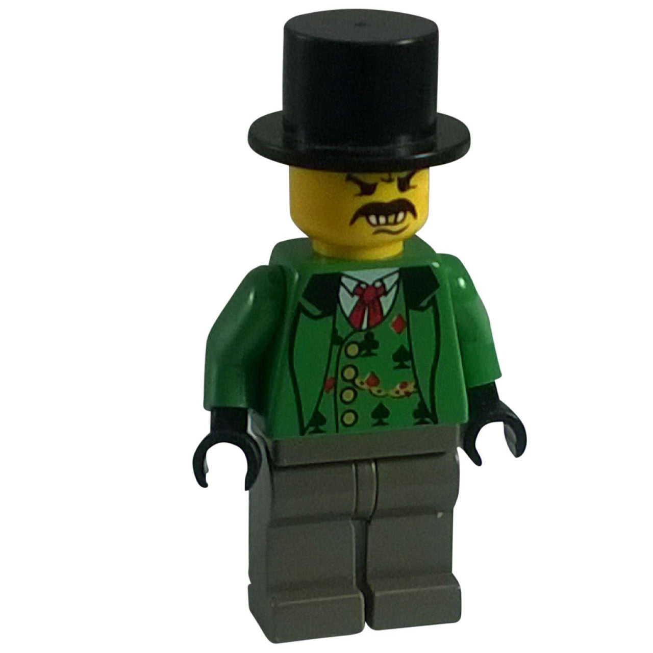 LEGO® Western Bandit Dewey Cheatum minifigure (ww010) with green gambler's jacket and black top hat, front view.