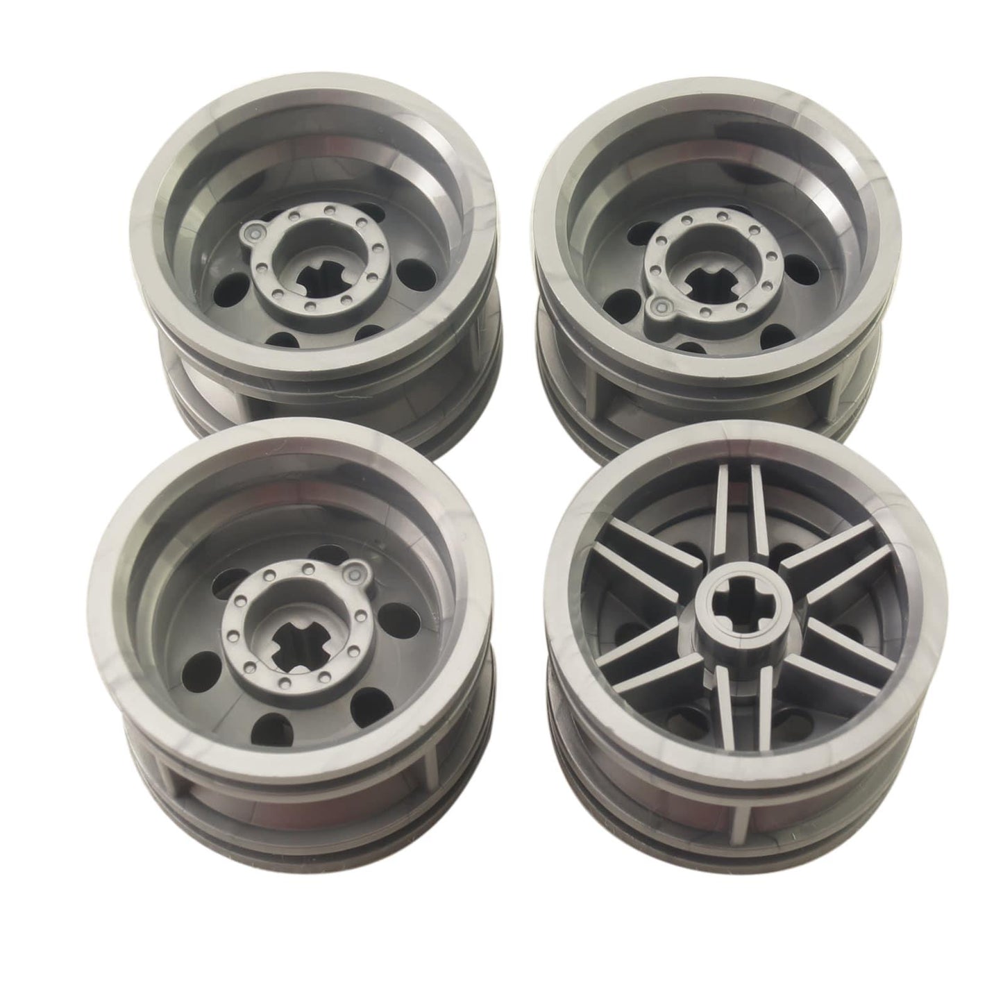 LEGO® wheel 30.4 mm diameter x 20 mm wide with reinforced rim and no pin holes, suitable for vehicles and Technic-style builds, flat silver color
