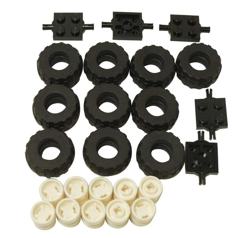 Bulk set of LEGO wheels: twelve black studded tires, ten white wheel rims, and five black axle/connector plates.
