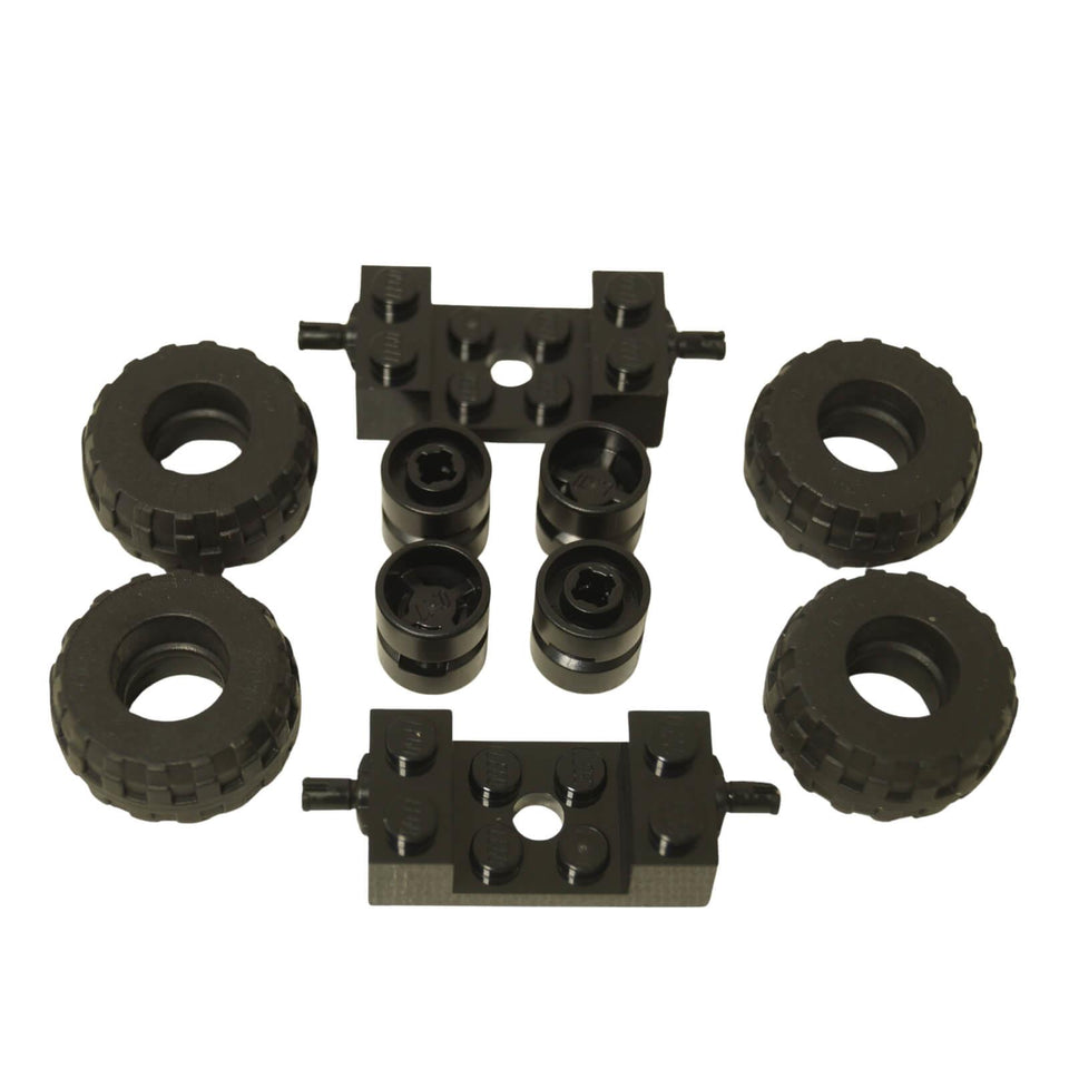 LEGO® black wheel and tire assembly set with wheel holder components