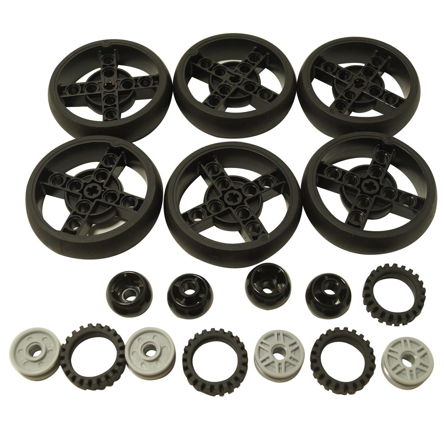 18-piece LEGO® wheel and tire bundle, including 6 large black rims, 6 low-profile tires, and 6 Technic ball joints for assembly.