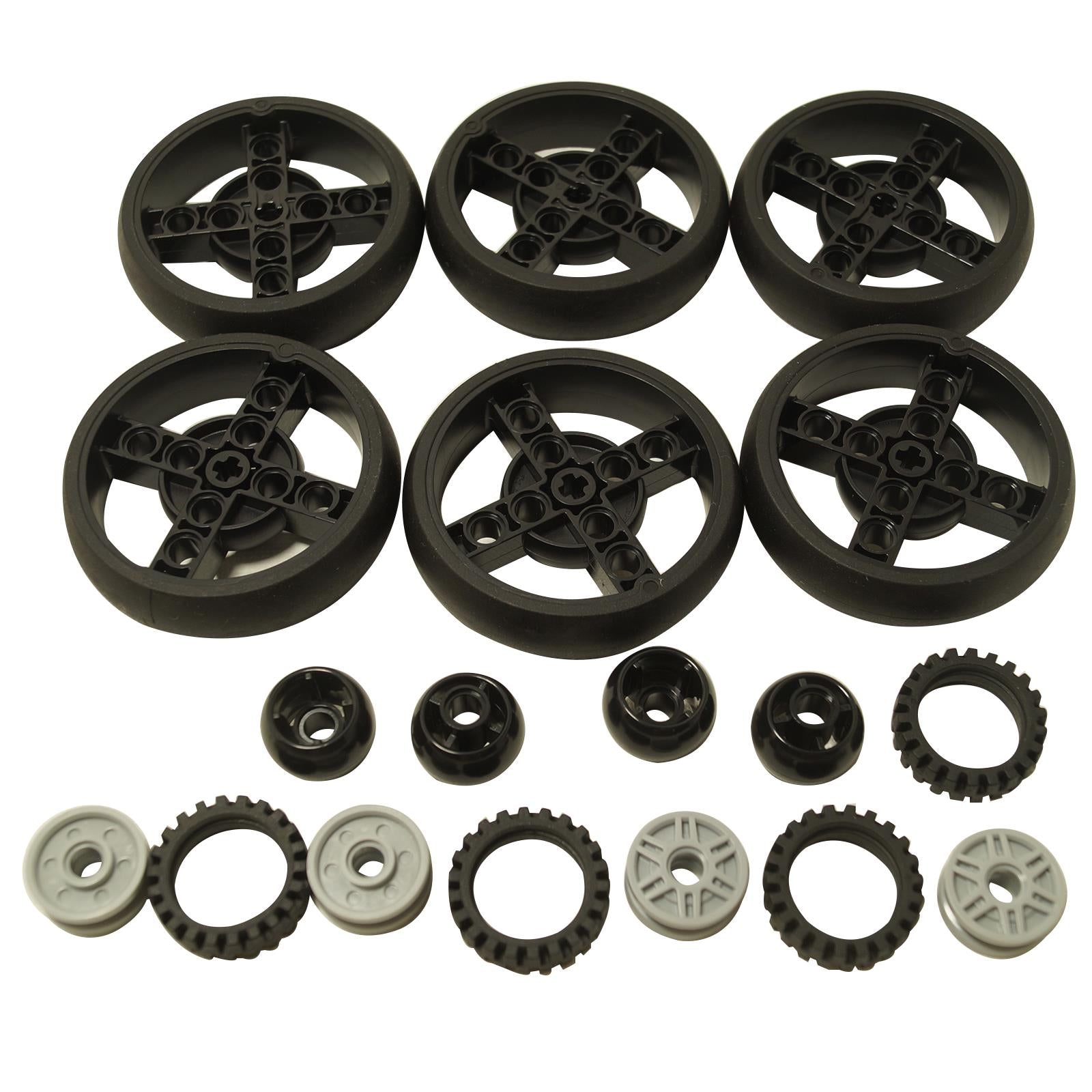 18-piece LEGO® wheel and tire bundle, including 6 large black rims, 6 low-profile tires, and 6 Technic ball joints for assembly.