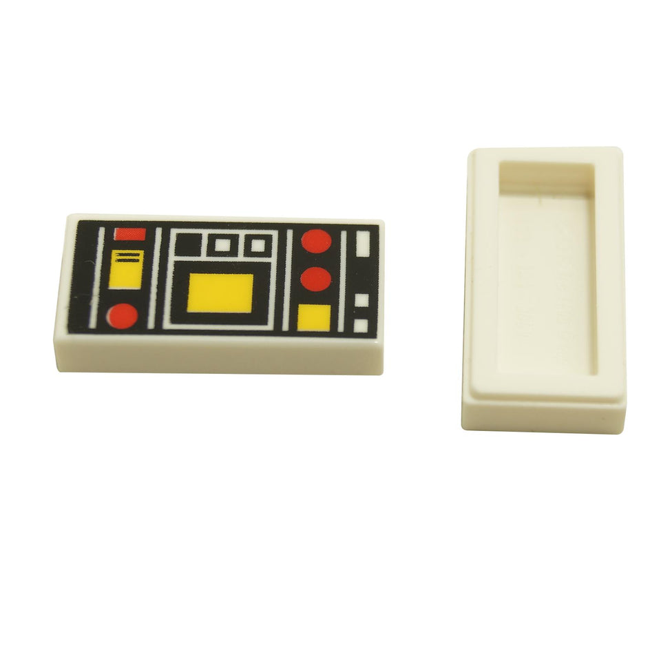 LEGO White Tile 1 x 2 with Controls Pattern 3069pb0785 red and yellow interface print front view