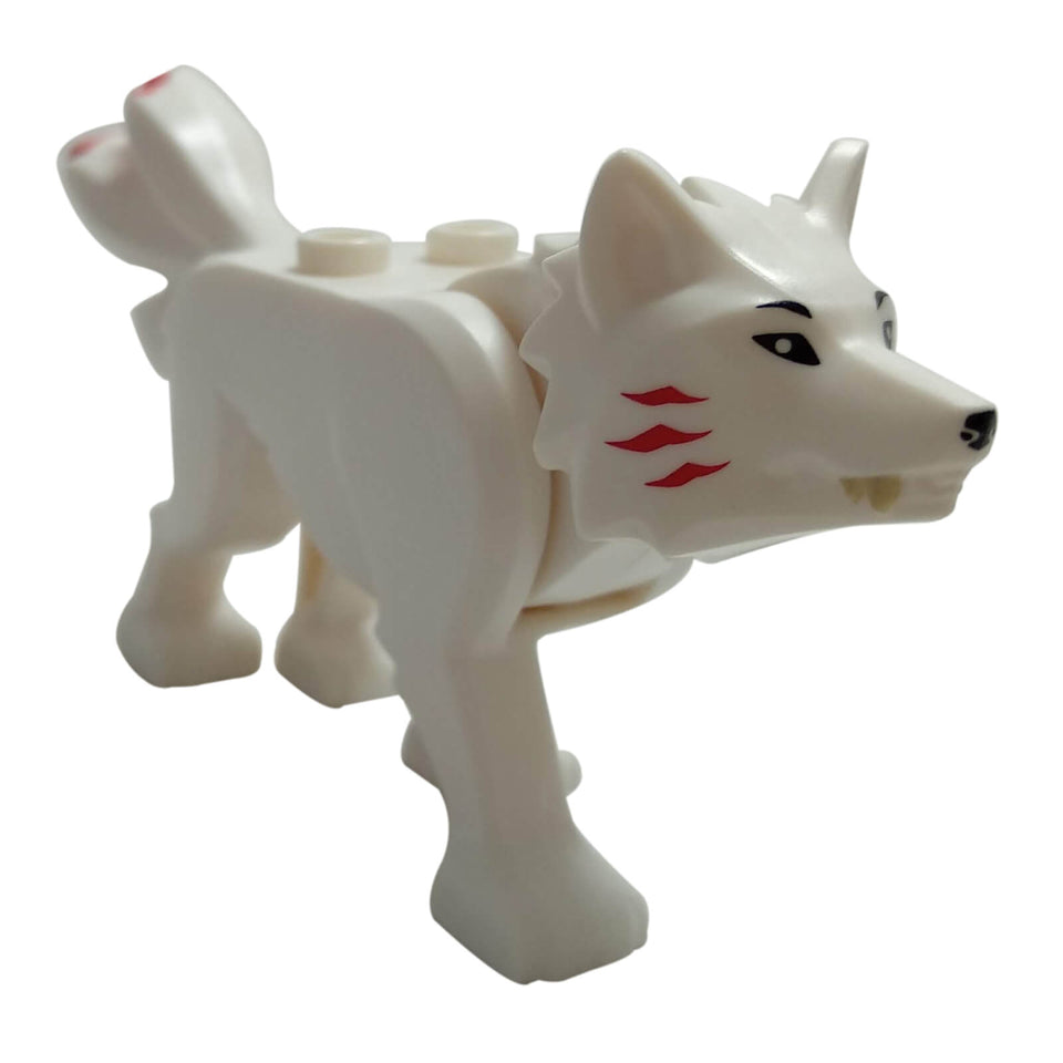 LEGO white wolf animal figure with red cheek markings and black eyes