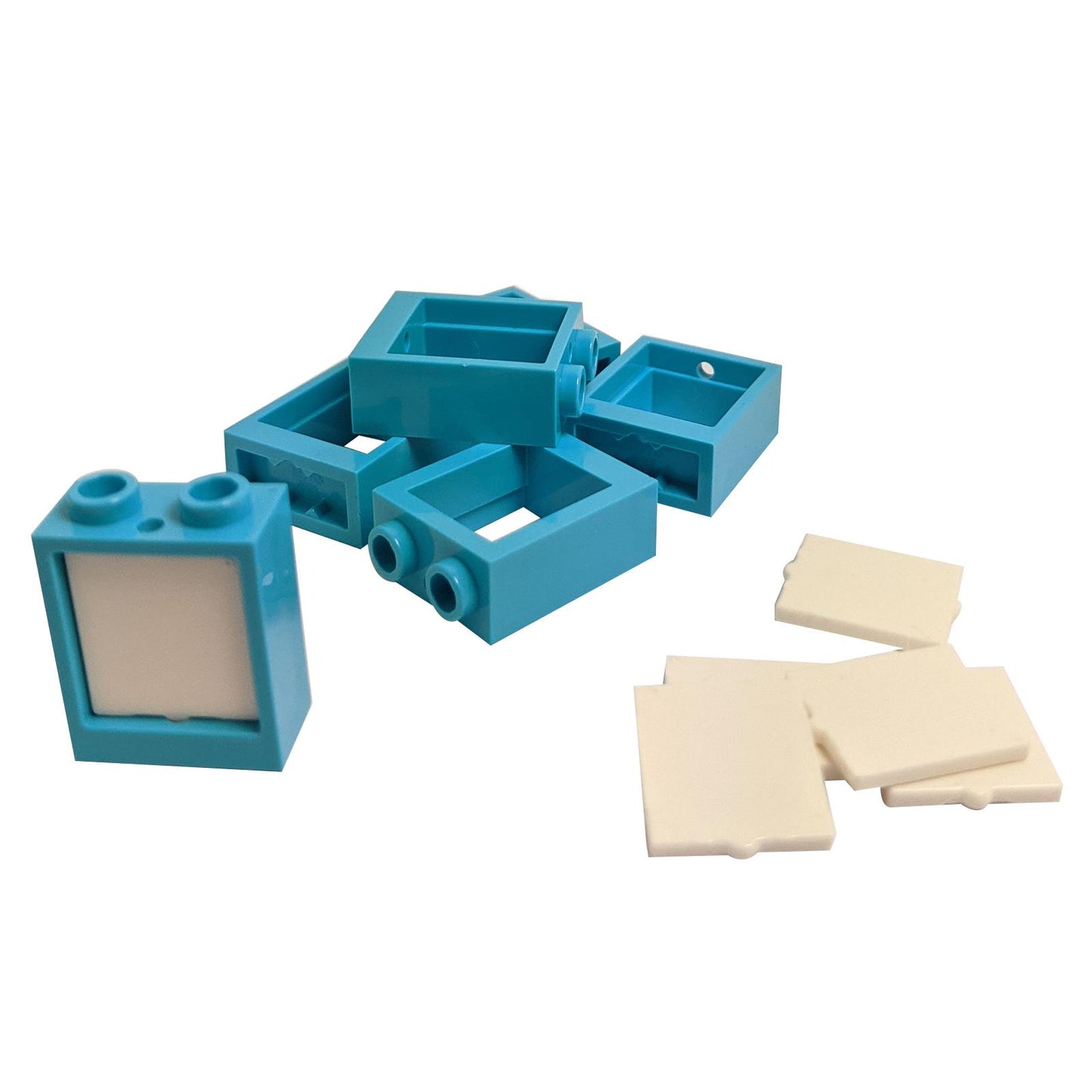 6 dark azure LEGO® window frame assemblies 60592 with white glass panes 60601