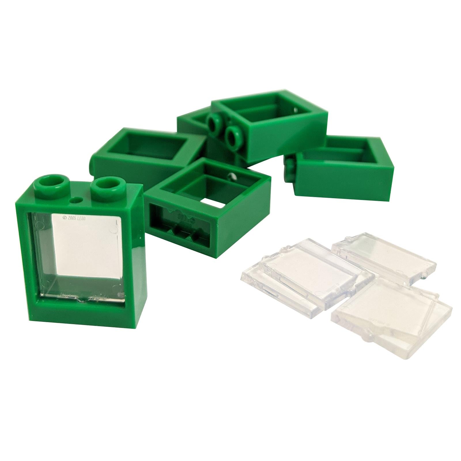 6 green LEGO® window frame assemblies 60592 with trans-clear glass panes 60601, lot of 6