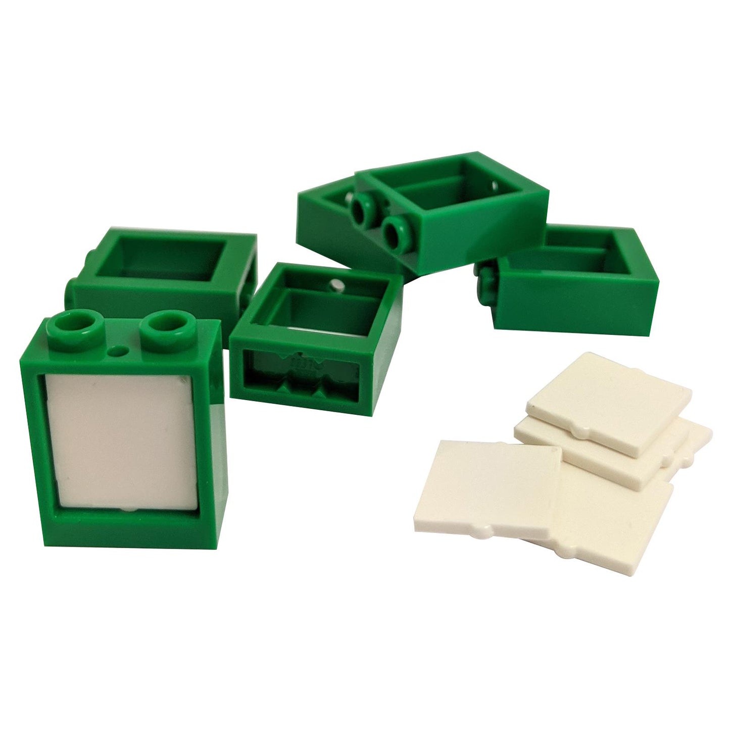 6 green LEGO® window frame assemblies 60592 with white glass panes 60601, lot of 6