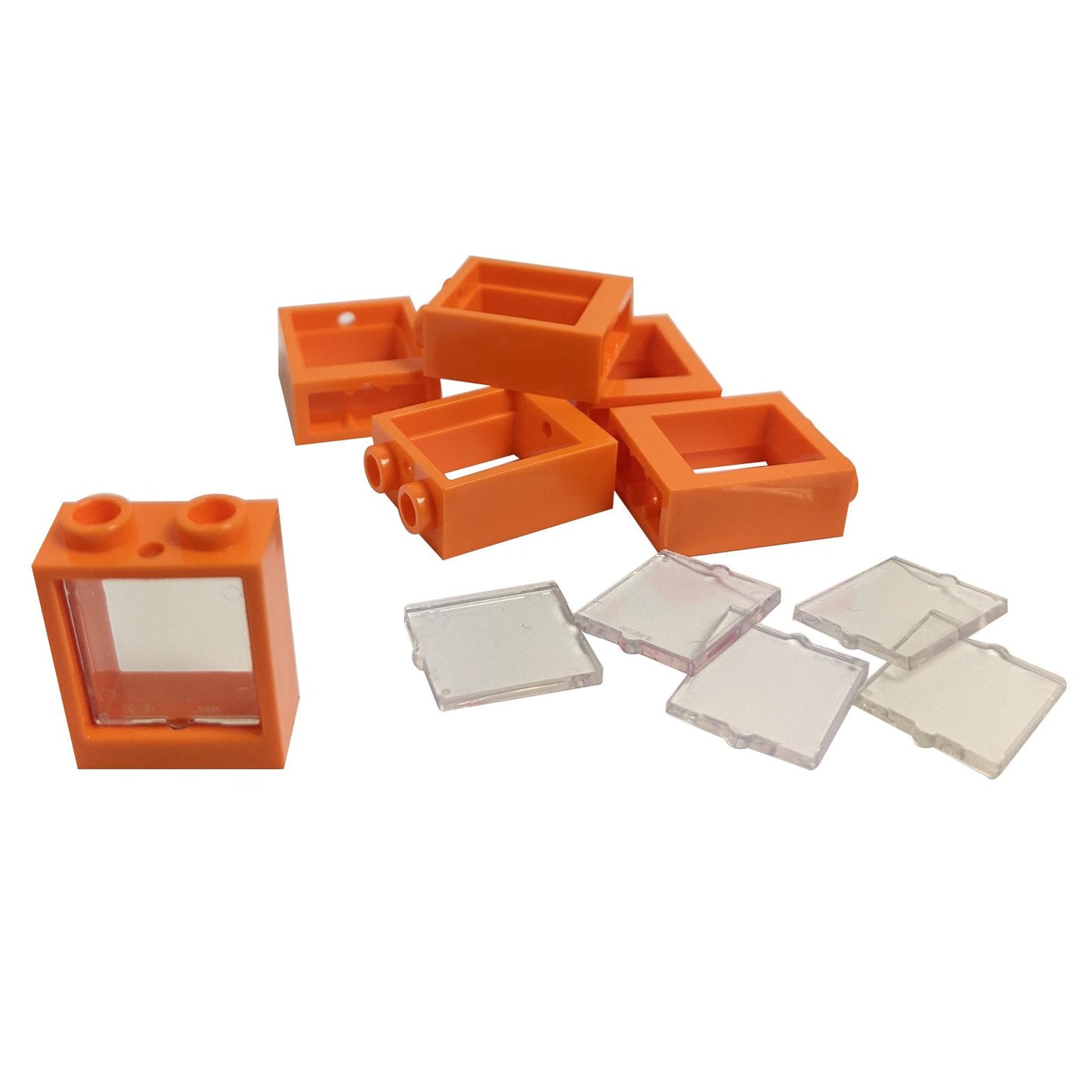6 orange LEGO® window frame assemblies 60592 with trans-clear glass panes 60601, lot of 6