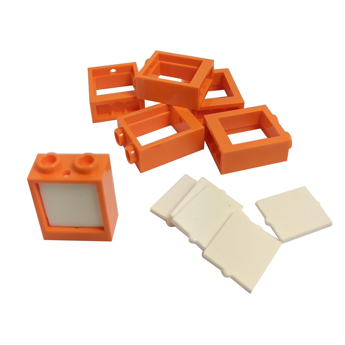 6 orange LEGO® window frame assemblies 60592 with white glass panes 60601, lot of 6