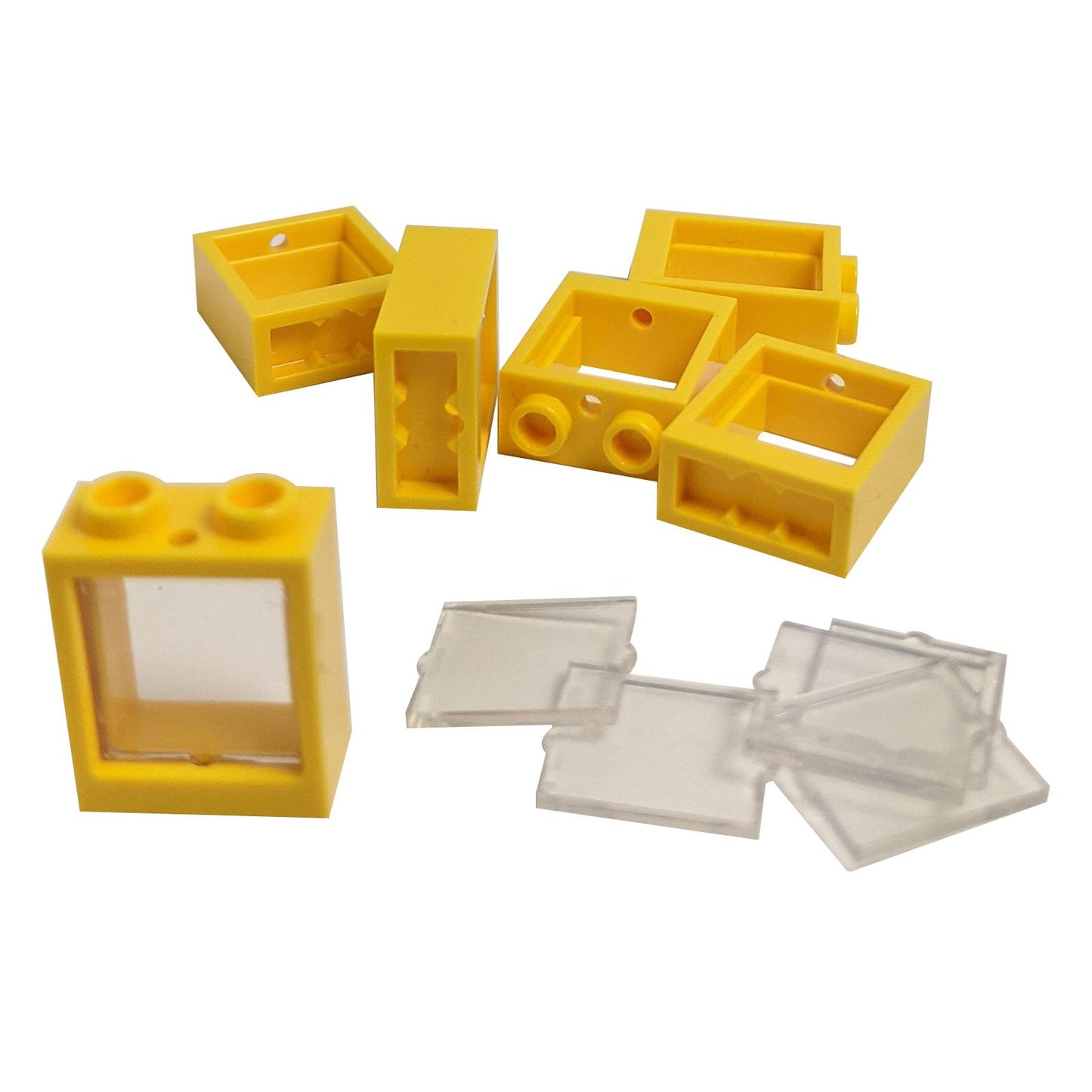 6 yellow LEGO® window frame assemblies 60592 with trans-clear glass panes 60601, lot of 6