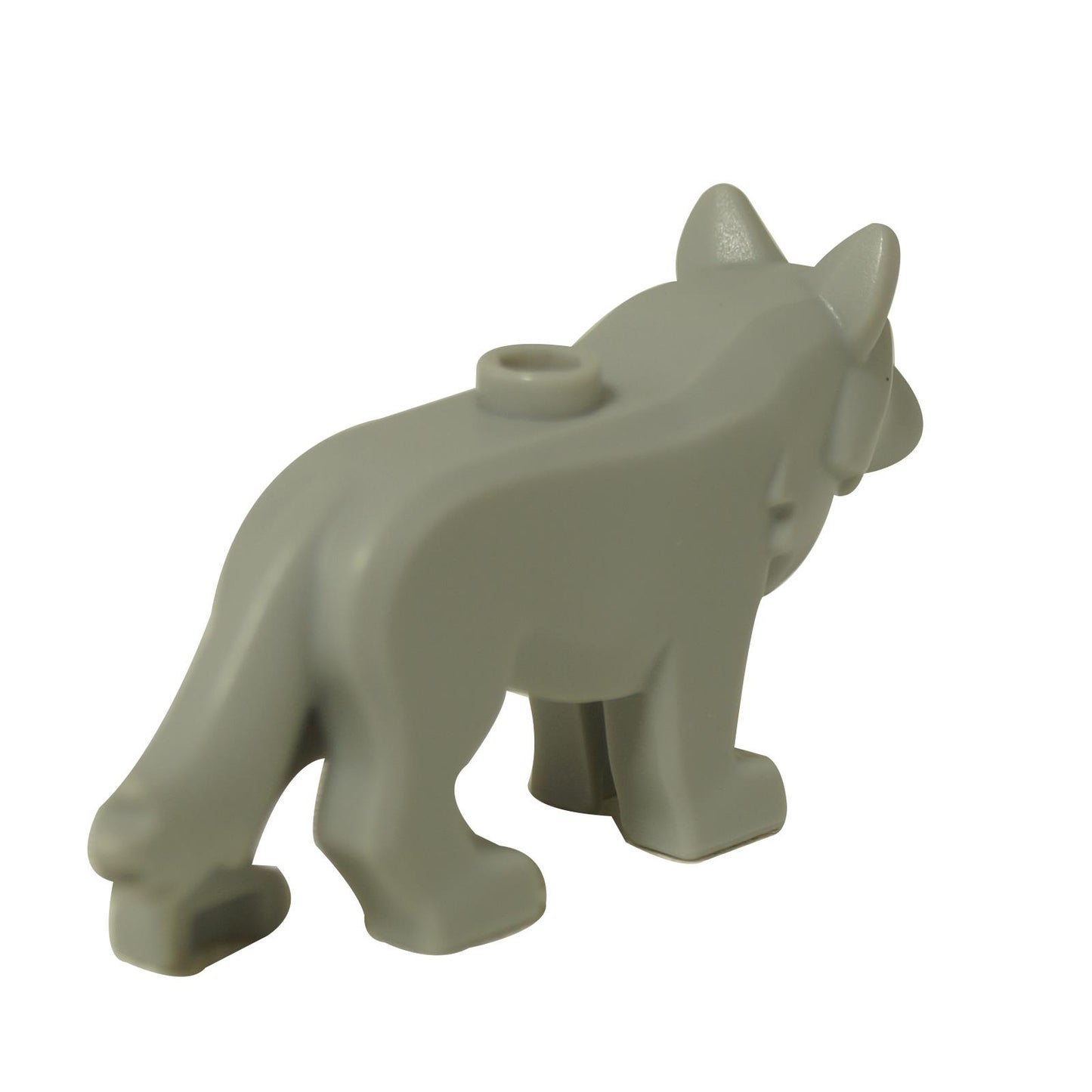 LEGO® figura di lupo in grigio chiaro con stud superiore, vista posteriore che mostra la coda e i dettagli posteriori del corpo
