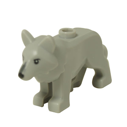 LEGO® figura di lupo in grigio chiaro con stud superiore, vista frontale che mostra la testa moldata e la posizione
